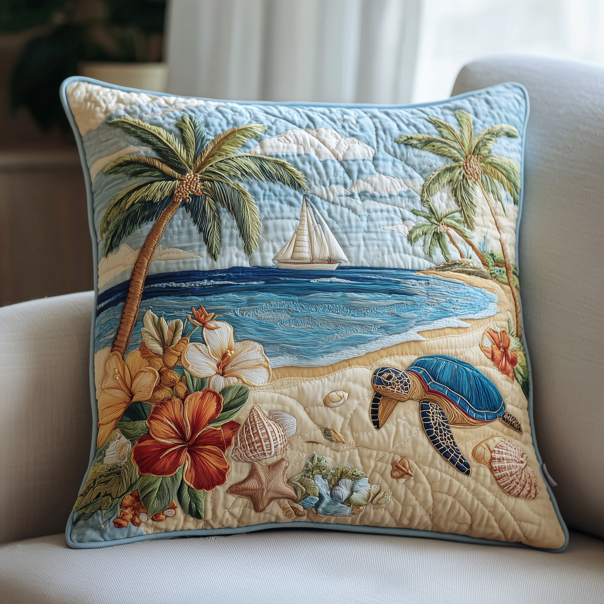 Tropical Beach Quilted Pillow Case Square Pillow Cushion CoverBeach Lover Christmas Gifts