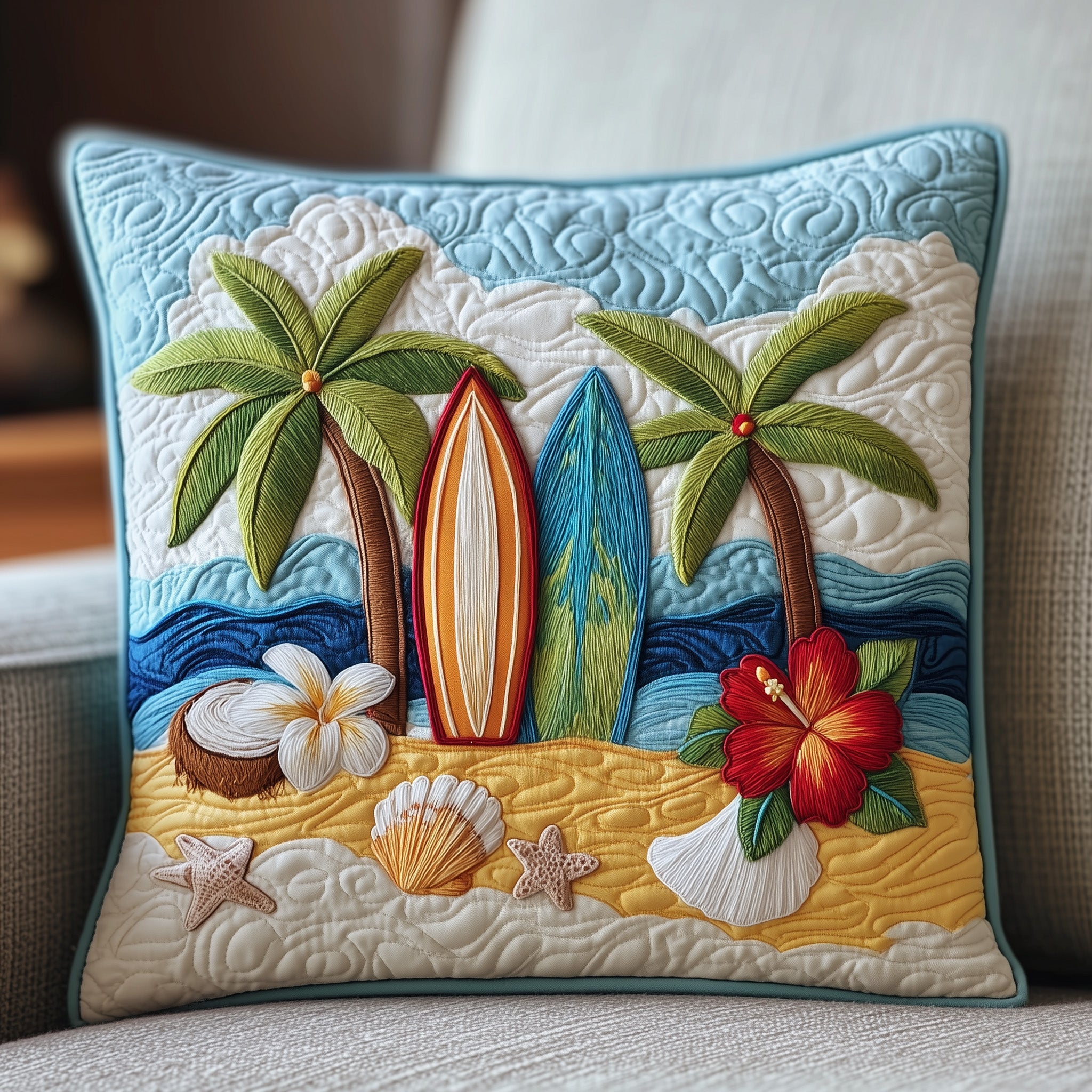 Tropical Beach Quilted Pillow Case Square Pillow Cushion CoverBeach Themed Gift Ideas