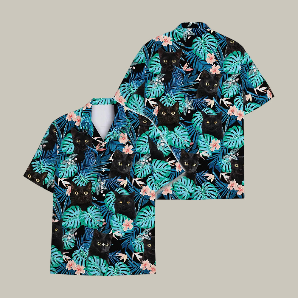 Tropical Black Cat Hawaiian Shirt Funny Floral Aloha Shirt Cat Lover Gift For Dad