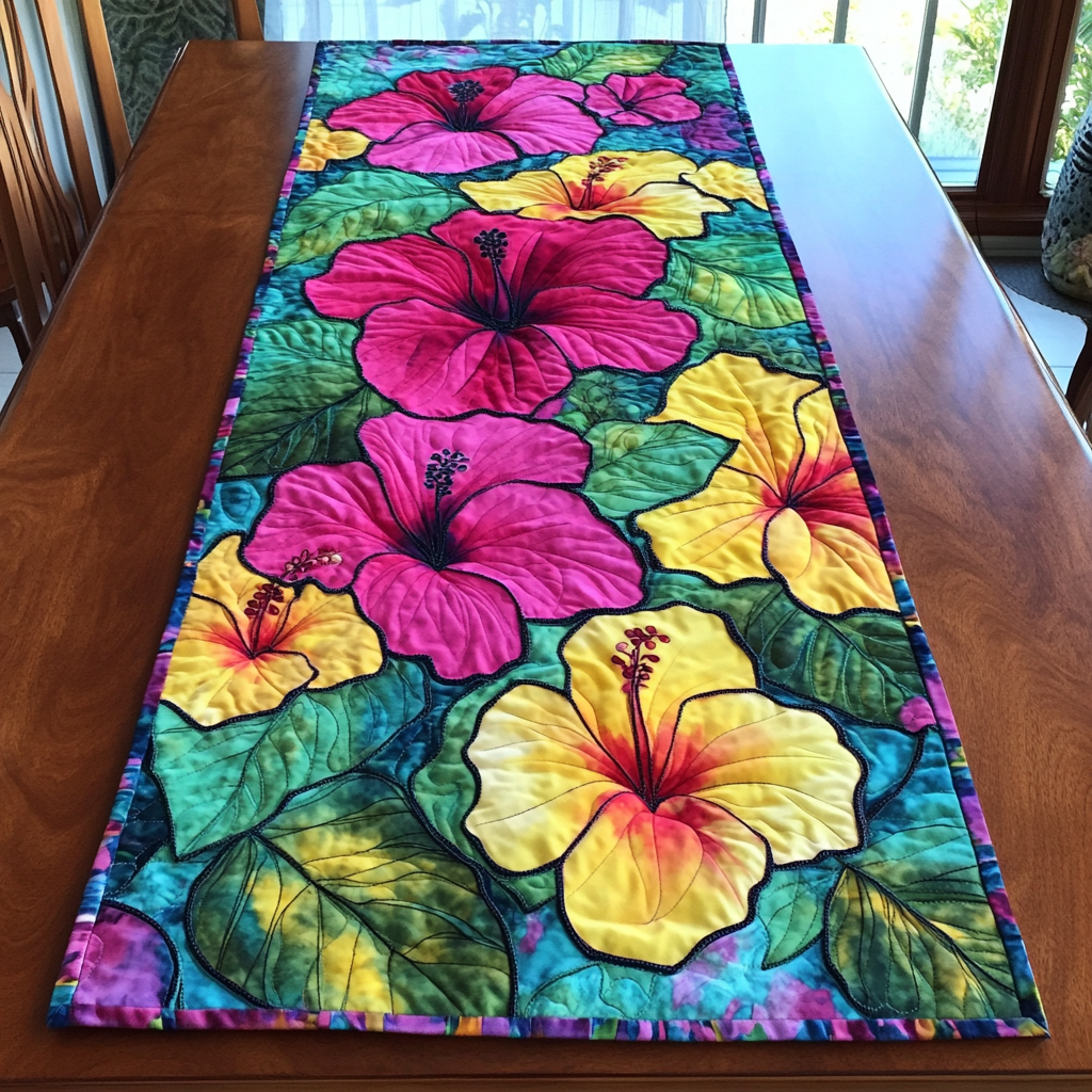 Tropical Bloom Quilted Table Runner Hibiscus Table Runner Unique Gifts For Family