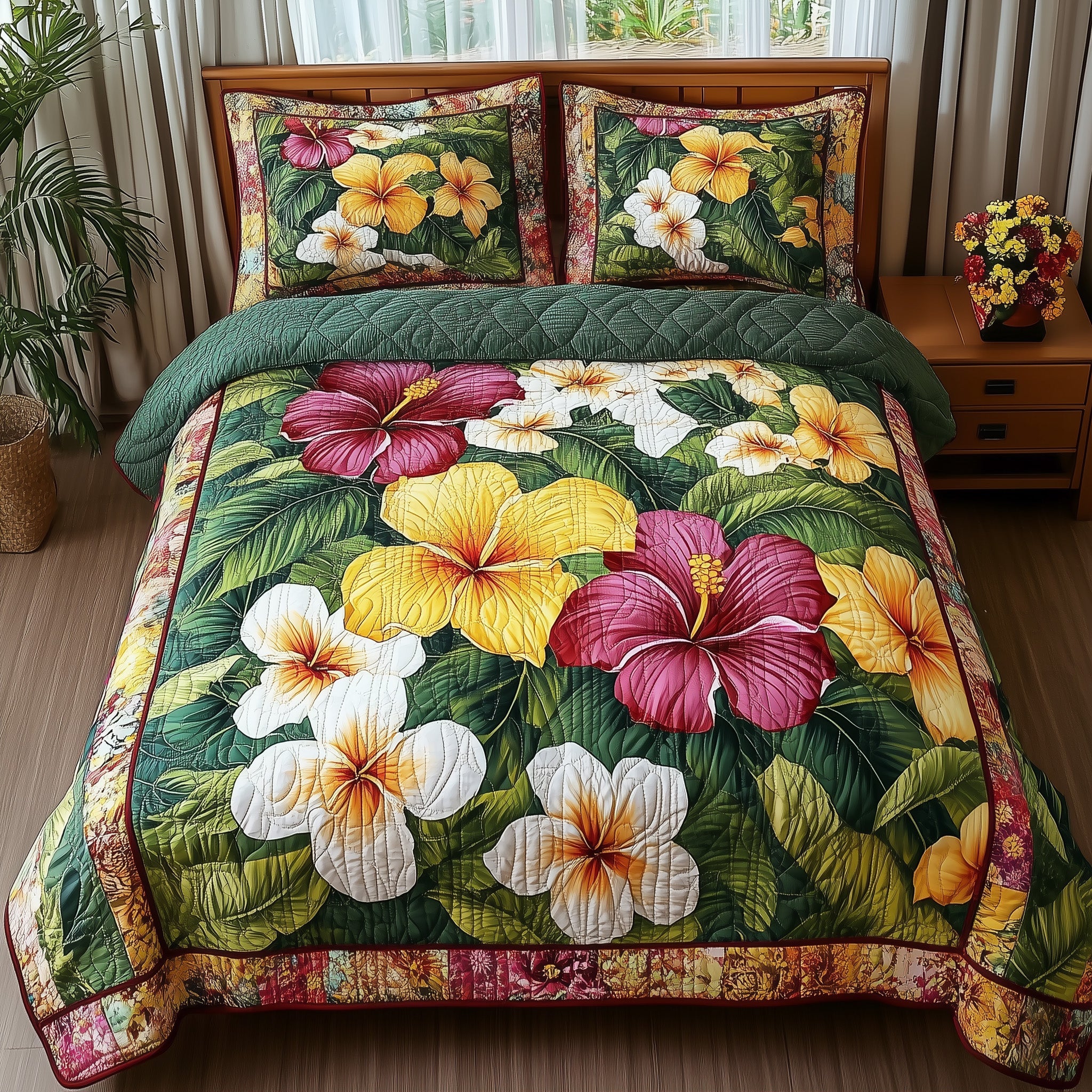 Tropical Blooming Quilted Bedding Set Duvet Cover Merchandise Gifts For New Homeowners