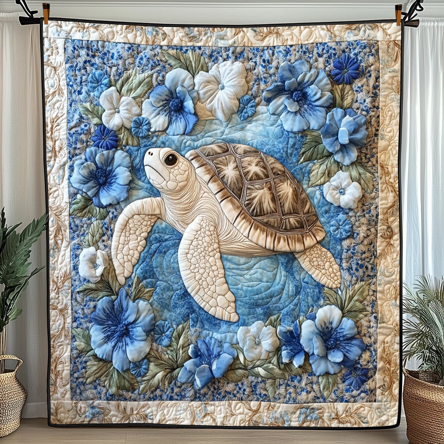 Tropical Blue Turtle Quilted Blanket Nice Throw BlanketGifts For Sea Turtle Lovers