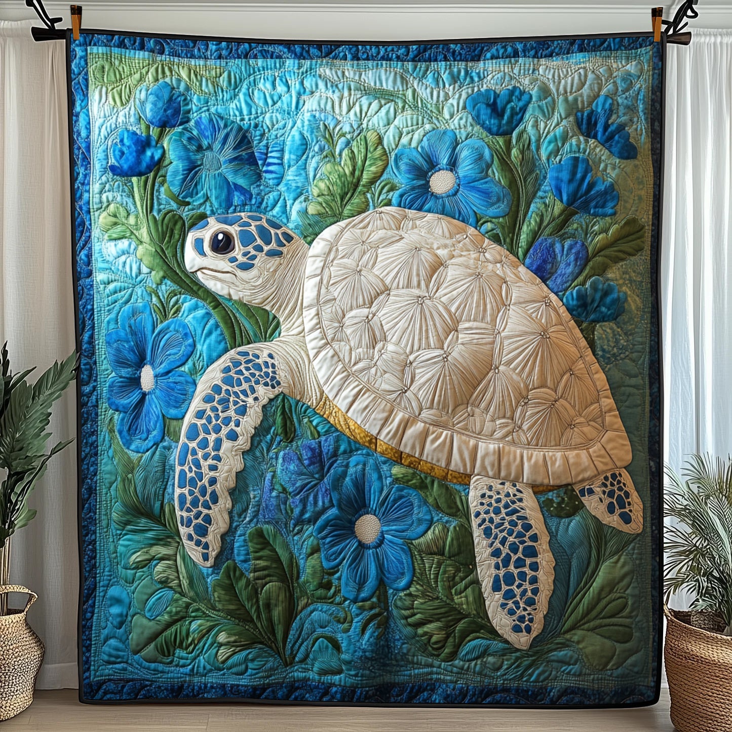 Tropical Blue Turtle Quilted Blanket Nice Throw BlanketUnique Sea Turtle Gifts