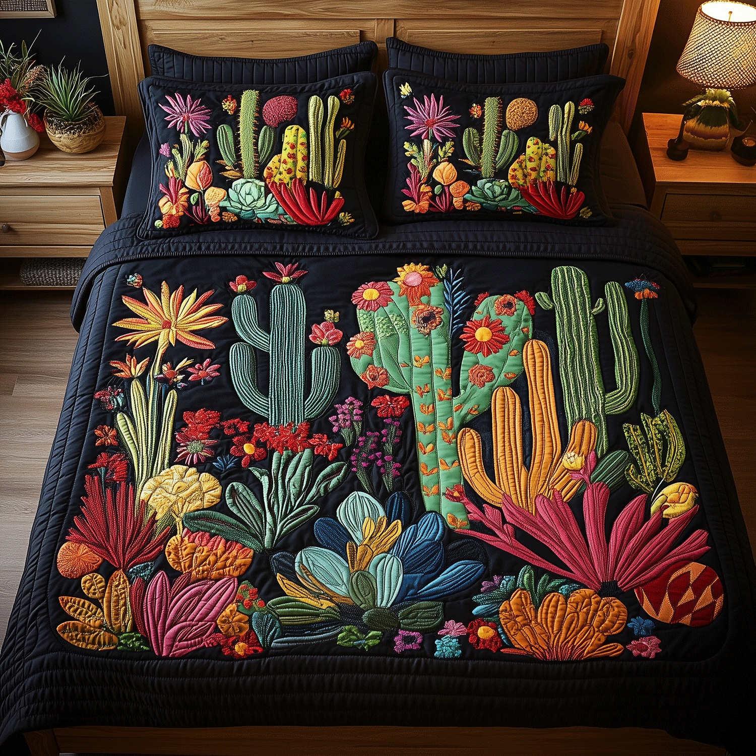 Tropical Cactus Quilted Bedding Set Desert Plant Bedroom Decor Gift For Cactus Lovers