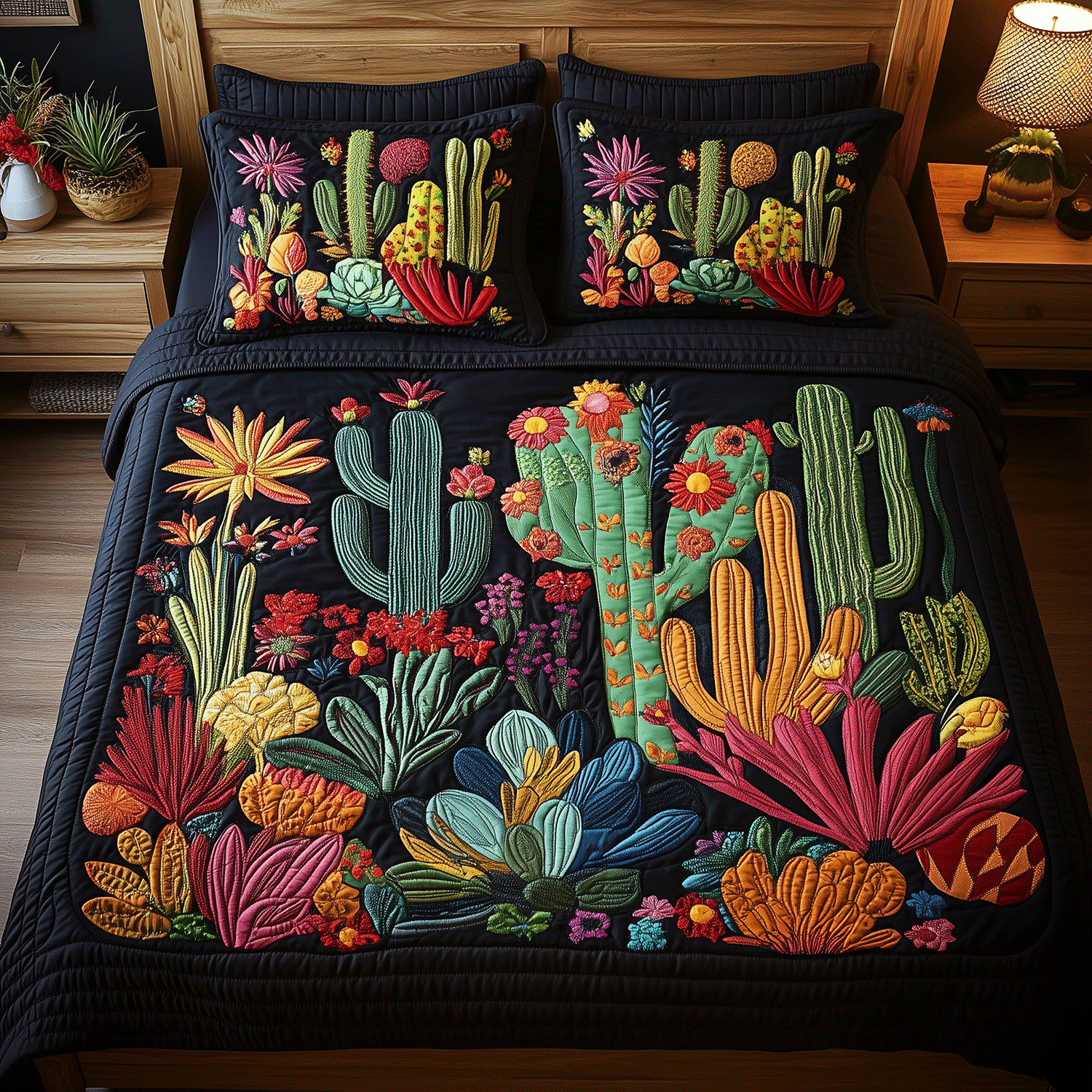 Tropical Cactus Quilted Bedding Set King Size Comforter Useful Gift for Dad