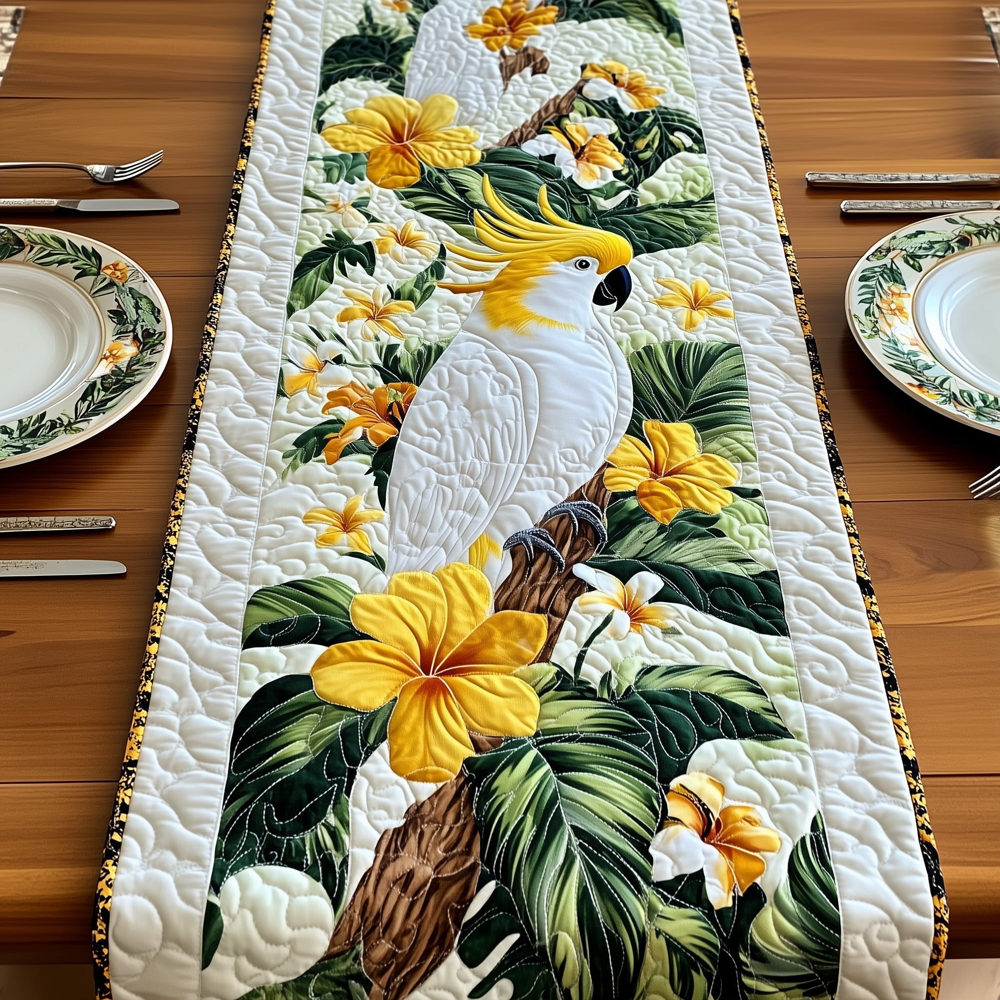 Tropical Cockatoo Charm Quilted Table Runner Christmas Theme Table Runner