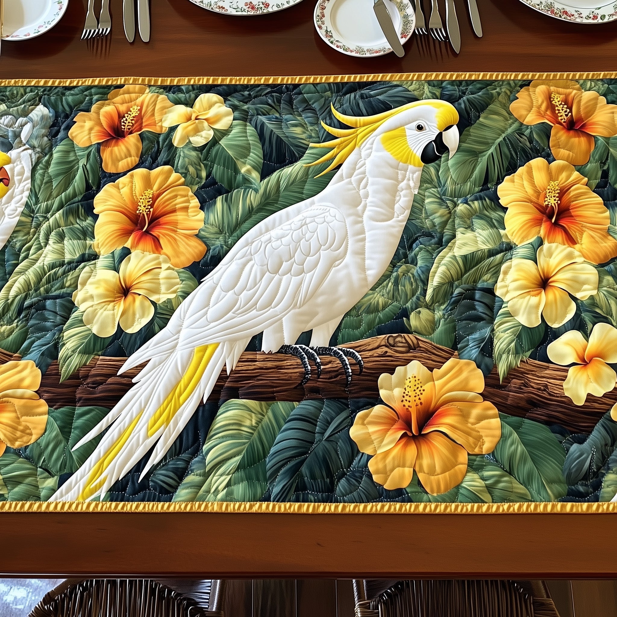 Tropical Cockatoo Charm Quilted Table Runner Festive Holiday Table Runner Decor