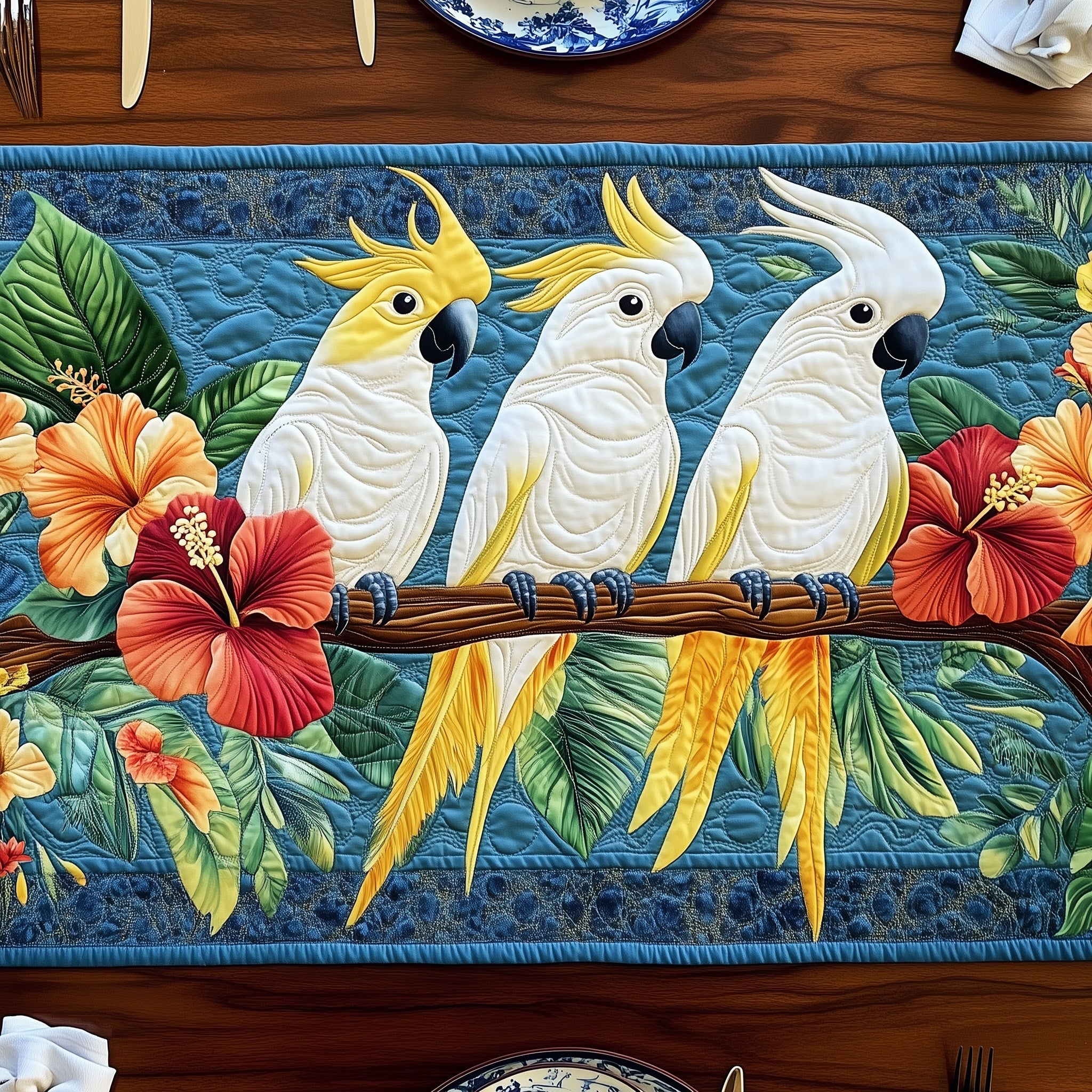 Tropical Cockatoo Charm Quilted Table Runner Holiday Season Table Runner