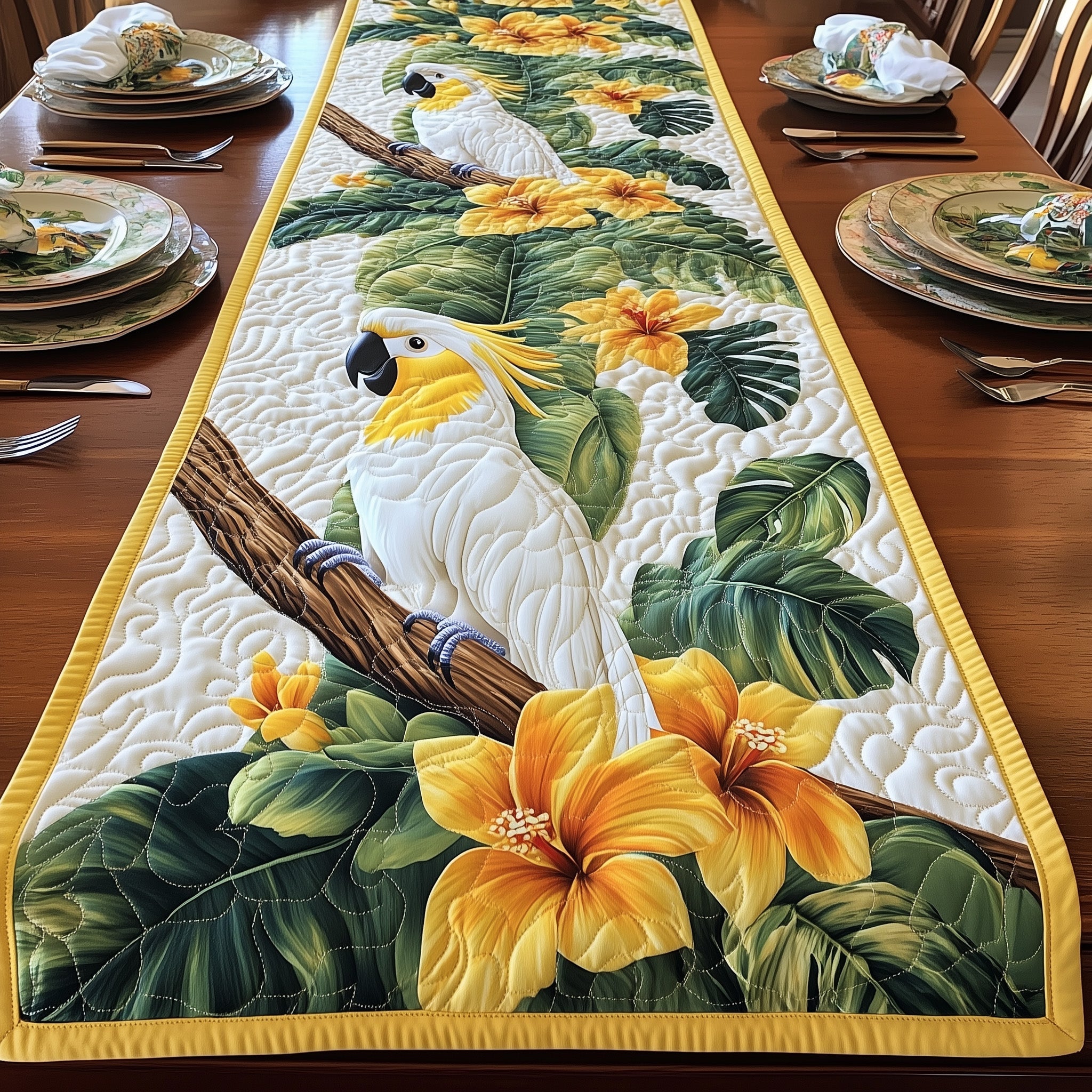 Tropical Cockatoo Charm Quilted Table Runner Merry Christmas Table Runner Decor