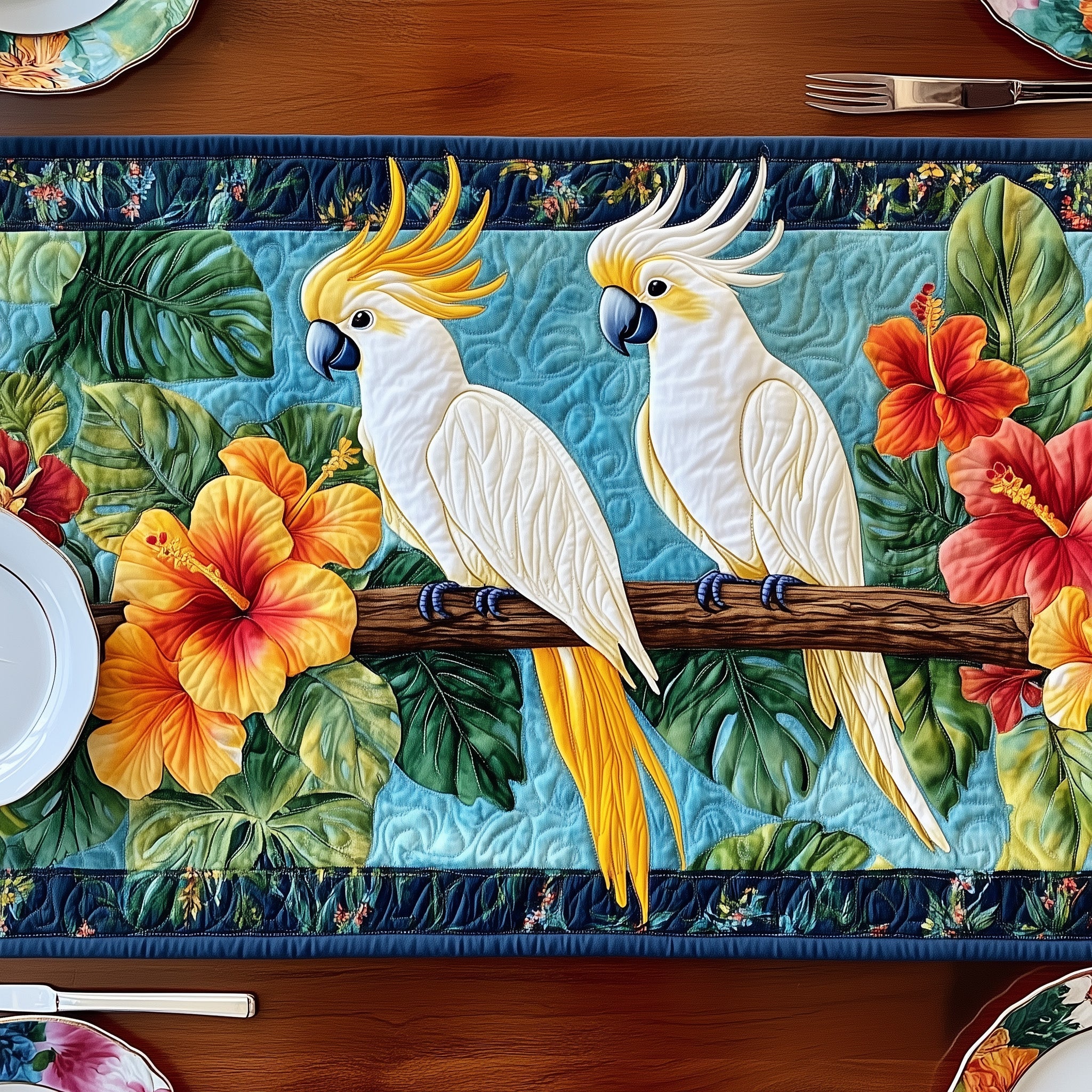Tropical Cockatoo Charm Quilted Table Runner Table Runner for Christmas Decor