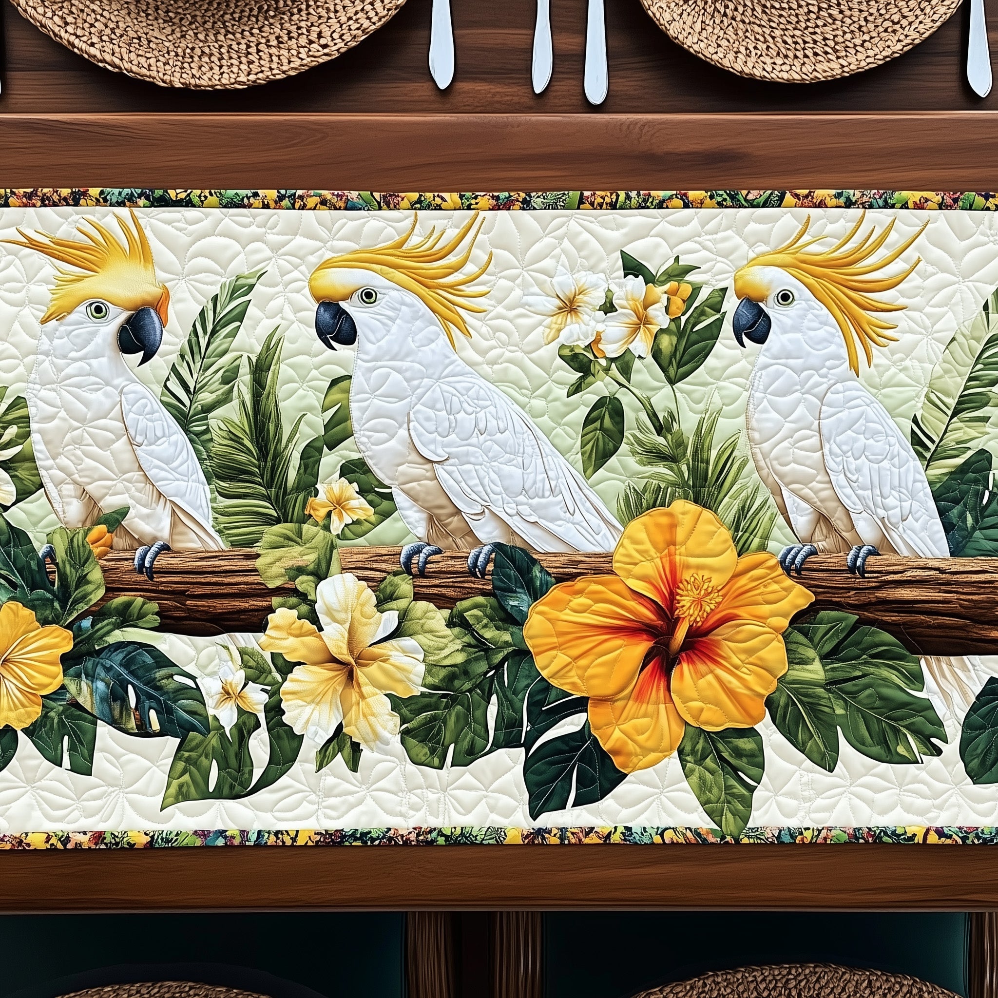 Tropical Cockatoo Charm Quilted Table Runner Xmas Table Runner for Family Gatherings