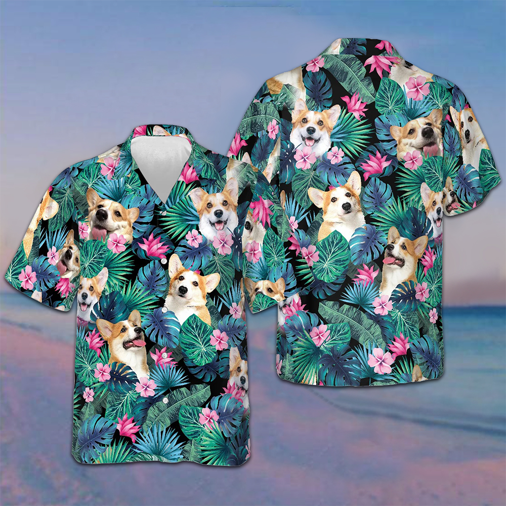 Tropical Corgi Dog Hawaiian Shirt Button Up Beach Shirts Mens Gifts For Corgi Owners