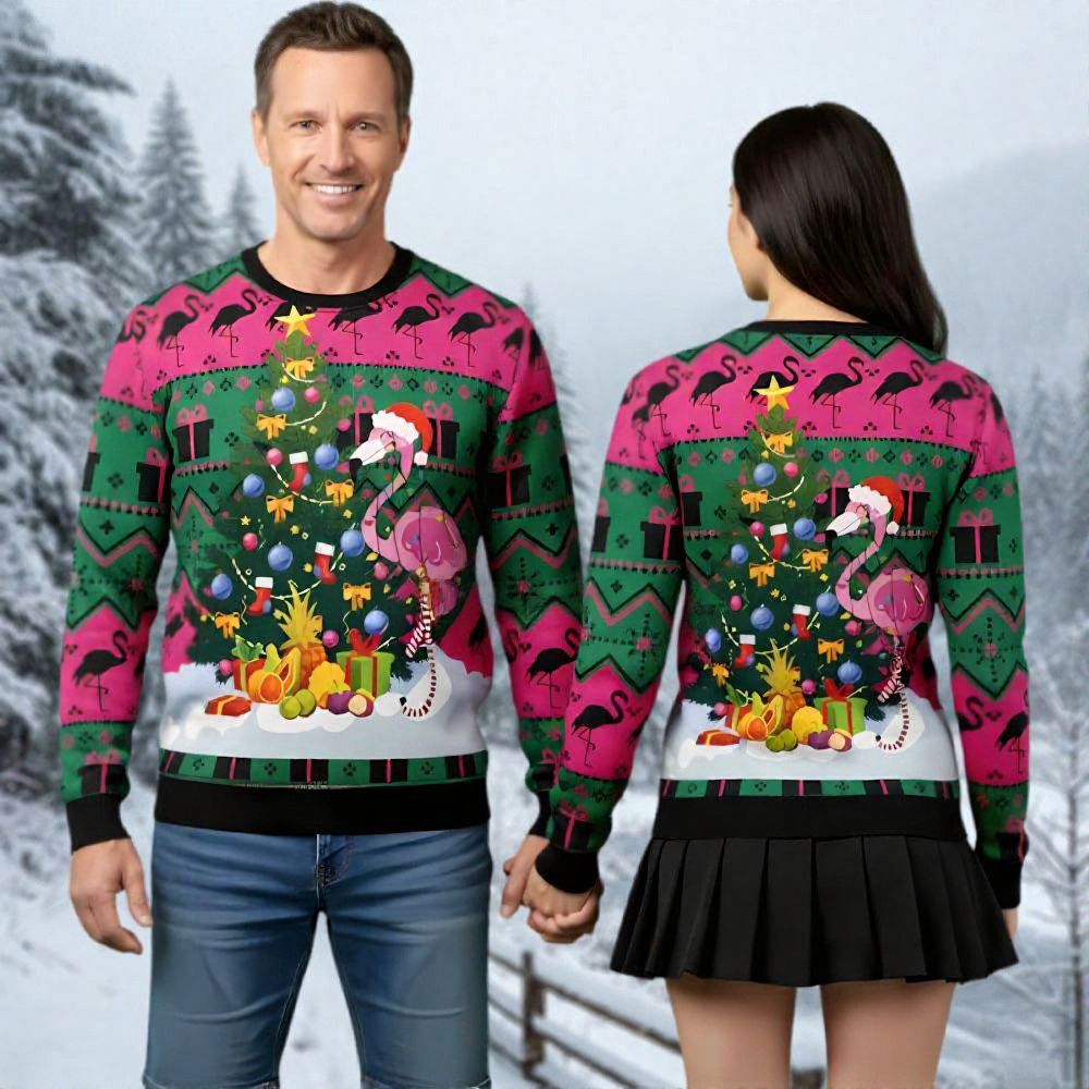 Tropical Flamingo Christmas Ugly Sweater Christmas Merch Gifts For Flamingo Lovers
