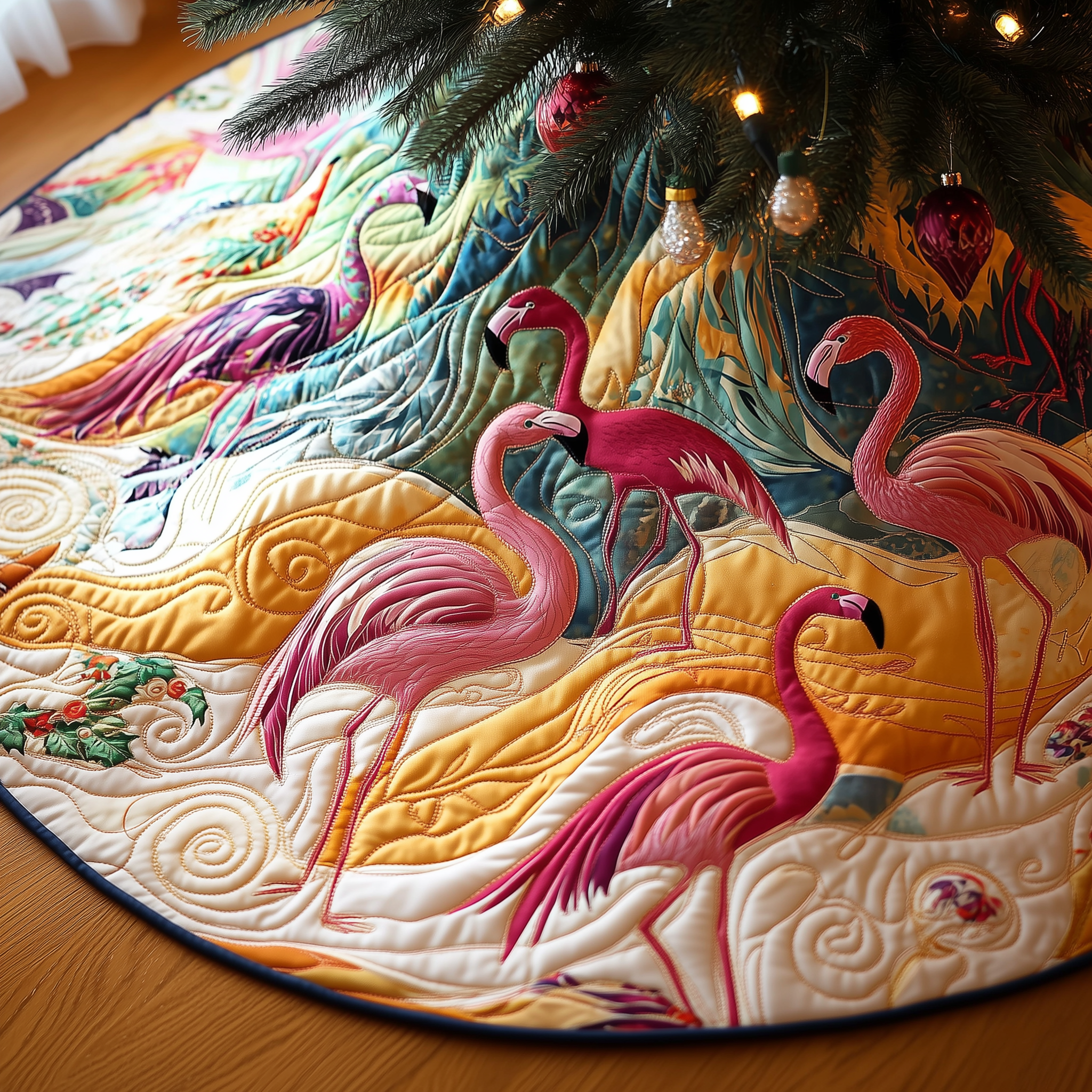 Tropical Flamingo Modern Tree Skirt Quilted Handmade Holiday Decoration Gift for Home Decor