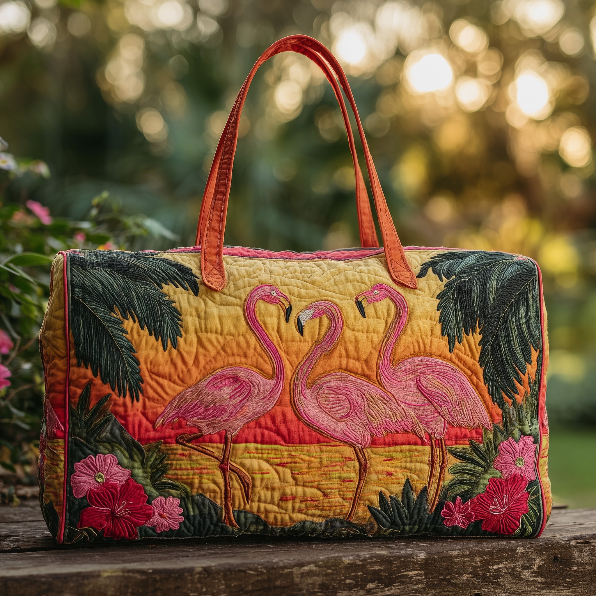 Tropical Flamingo Quilt Duffle Bag Organized Storage Pockets