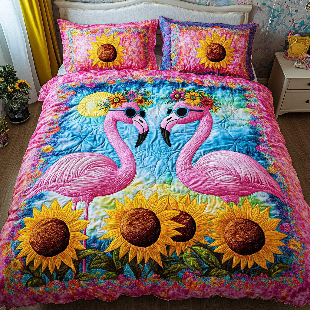Tropical Flamingo Quilted Bedding Set Cute Room Decor Best Flamingo Lover Gifts For Him