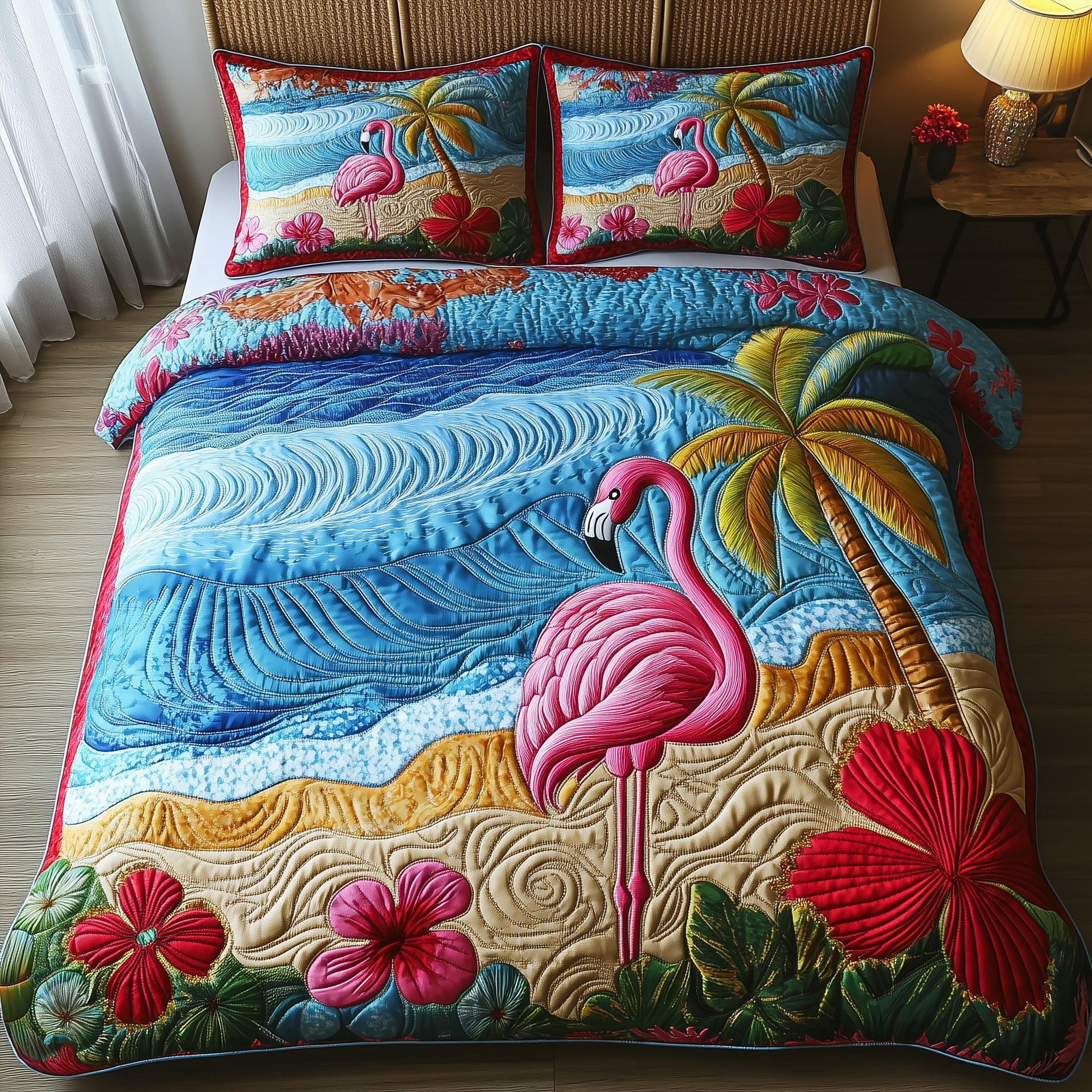Tropical Flamingo Quilted Bedding Set Duvet Cover Bed Sheet Flamingo Presents Christmas