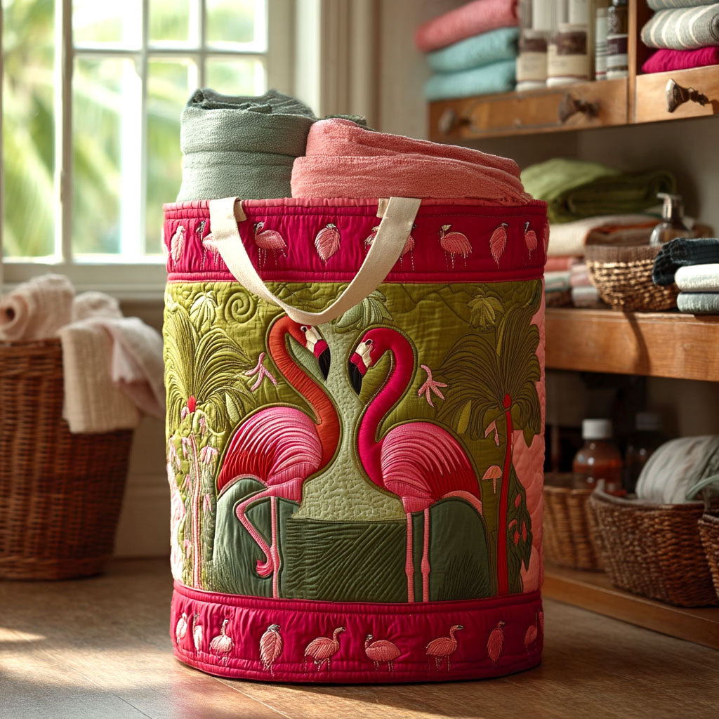 Tropical Flamingo Quilted Laundry Basket Unique Quilted Basket Gift for Holiday Season 2025