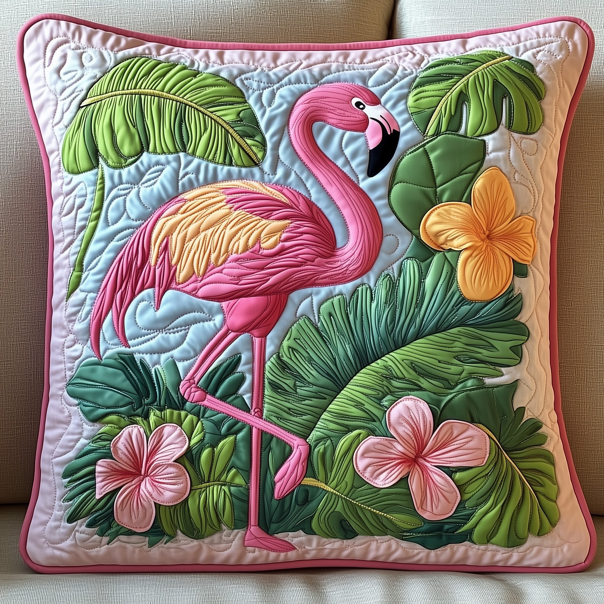 Tropical Flamingo Quilted Pillow Case Decorative Pillow Cover MerchGifts For Flamingo Lovers