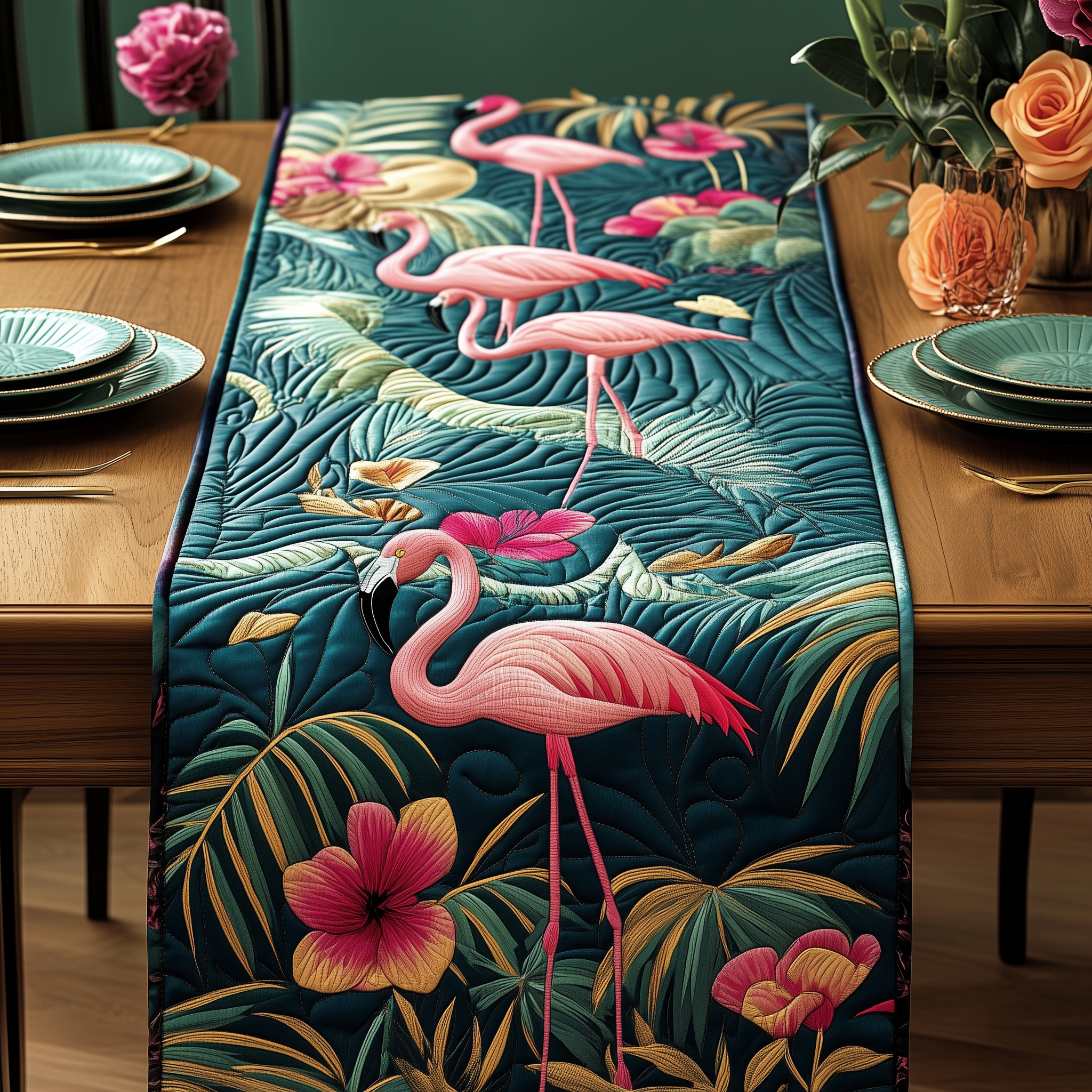 Tropical Flamingo Quilted Table Runner Modern Coffee Table Runner Cute Flamingo Stuff Gifts