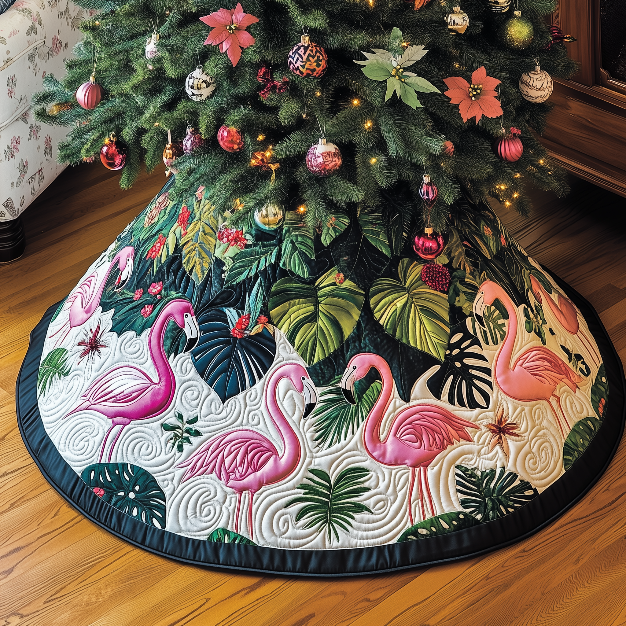 Tropical Flamingo Quilted Tree Skirt Christmas Xmas Tree Base Cover Decorations Flamingo Novelty Gifts