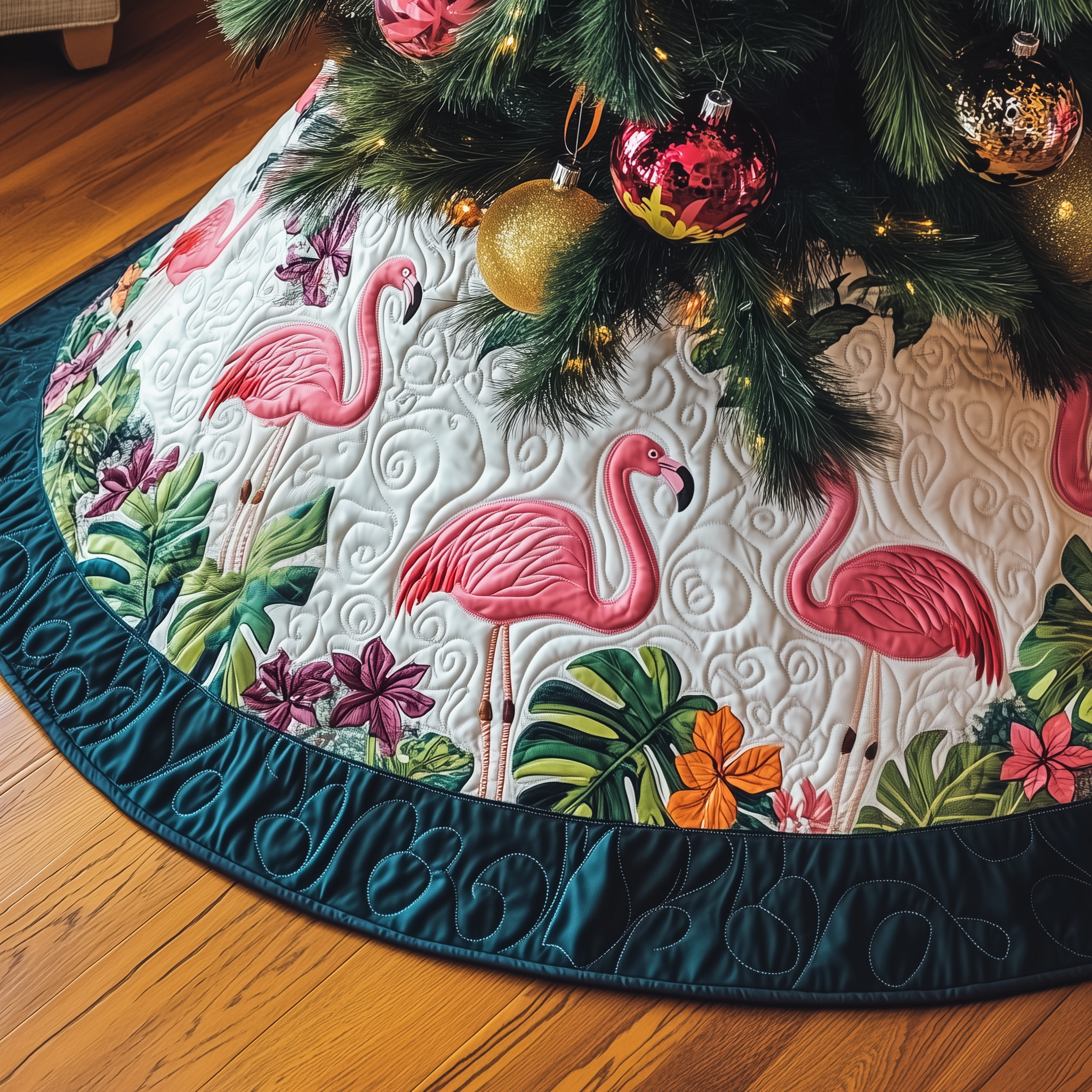 Tropical Flamingo Quilted Tree Skirt Christmas Xmas Tree Base Cover Decorations Flamingo Novelty Gifts
