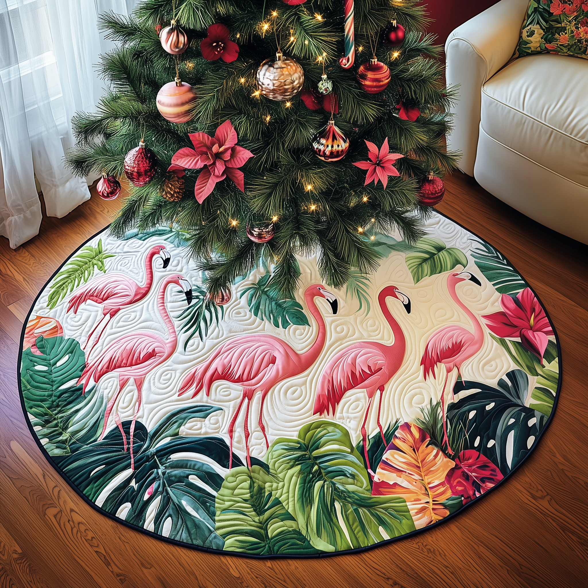Tropical Flamingo Quilted Tree Skirt Joyful Holiday Season Gift Merch