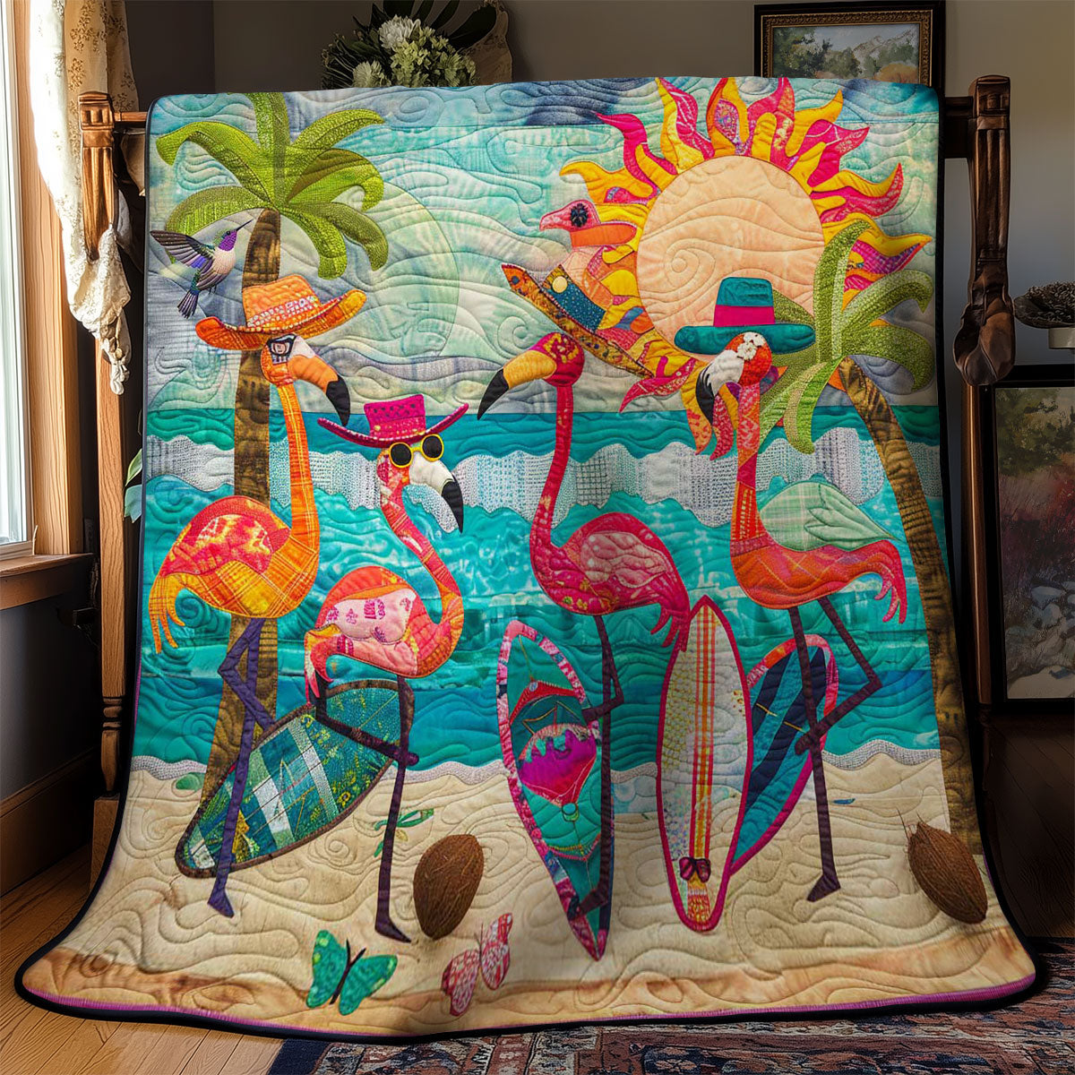 Tropical Flamingo Sunset Quilt Beautiful Quilt Blanket Gift for Home Decoration