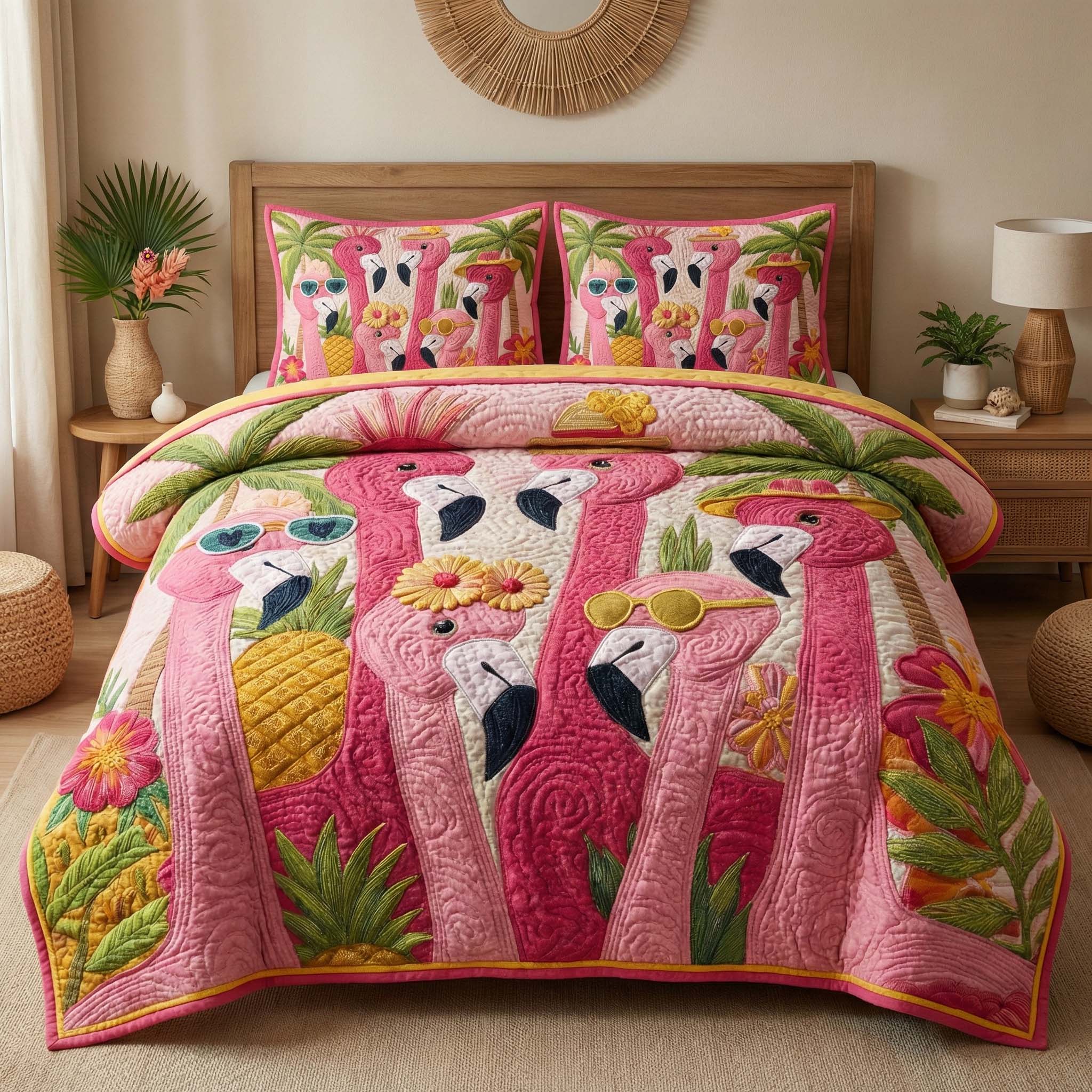 Tropical Flamingos Quilted Bedding Set Tropical Bird Bedroom Decor Best Gift For Flamingo Lovers