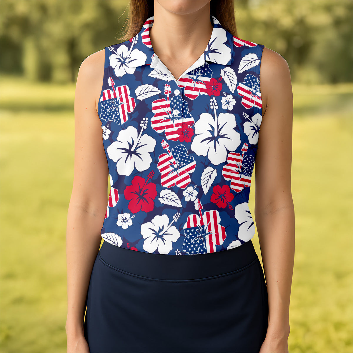 Tropical Hibiscus American Flag Polo Shirt Women's Clothing Meaningful Sister Gifts