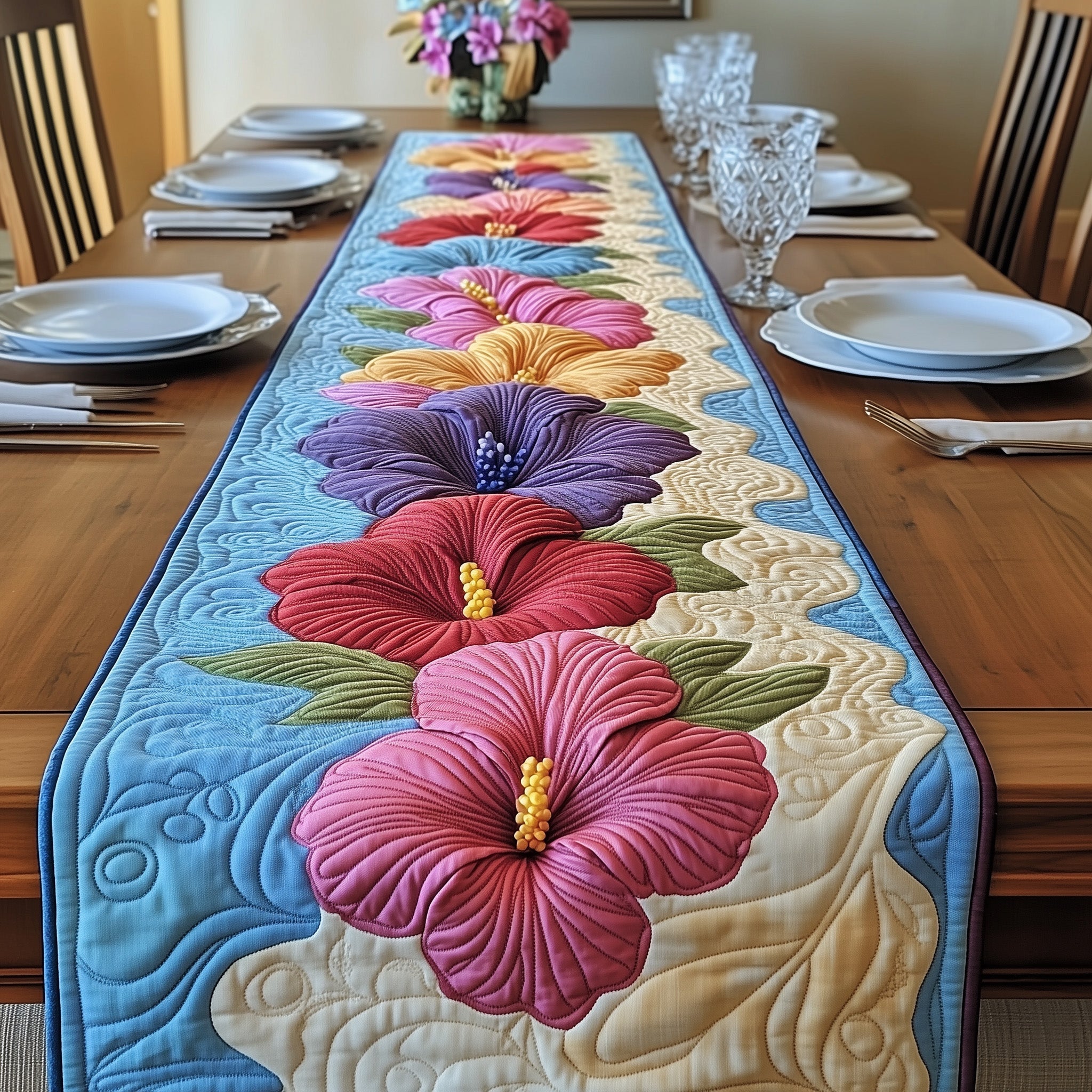 Tropical Hibiscus Heaven Quilted Table Runner Cozy Christmas Table Runner