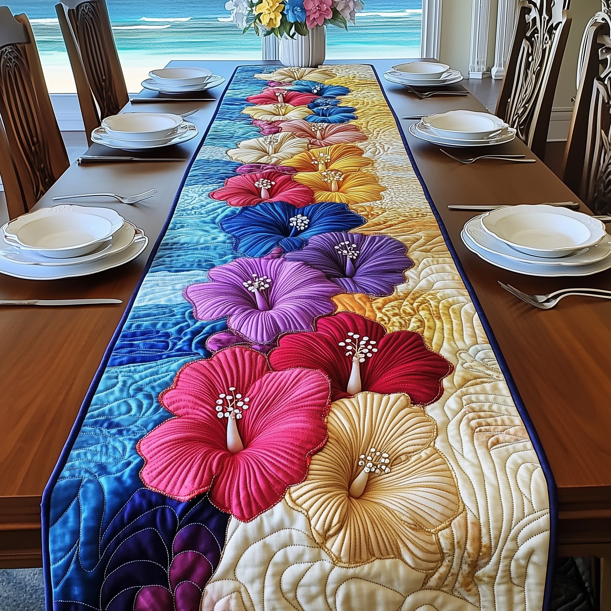 Tropical Hibiscus Heaven Quilted Table Runner Festive Table Runner for Dining Table