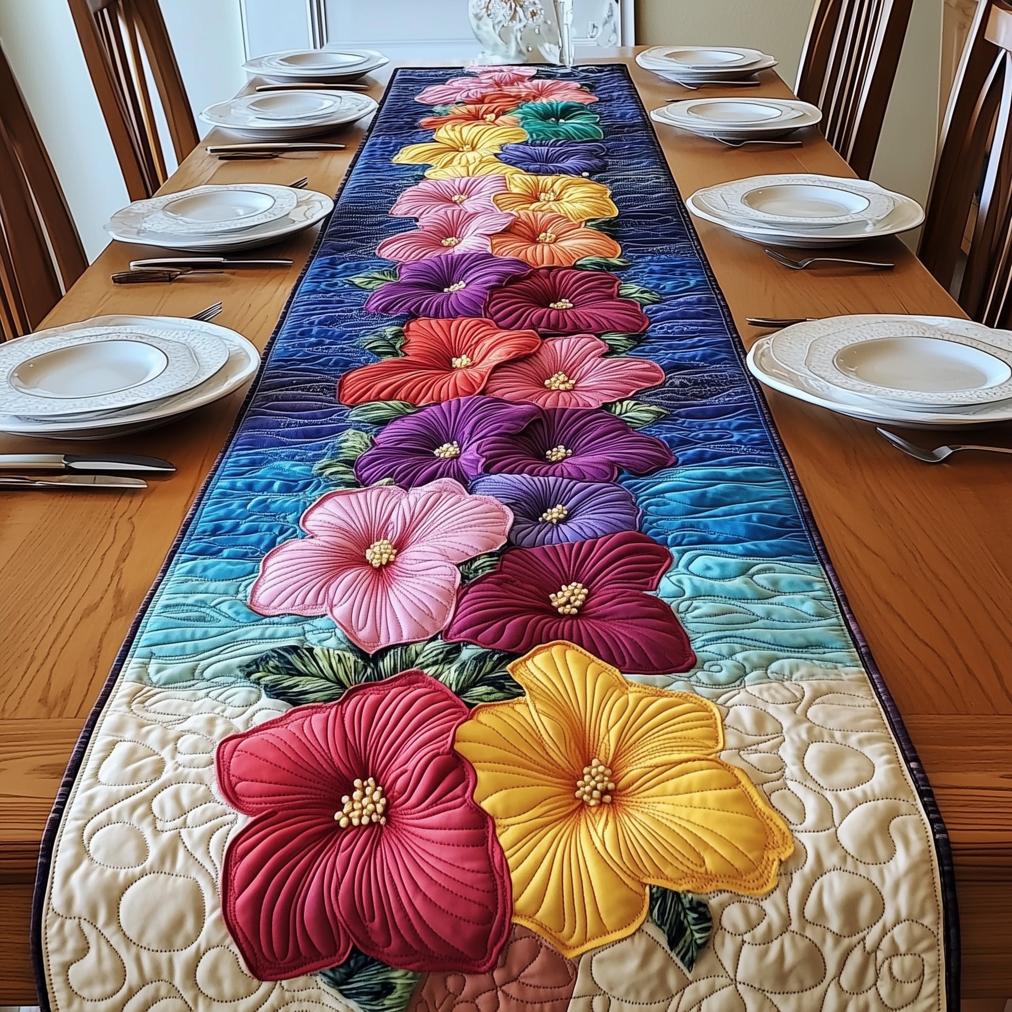 Tropical Hibiscus Heaven Quilted Table Runner Holiday Banquet Table Runner