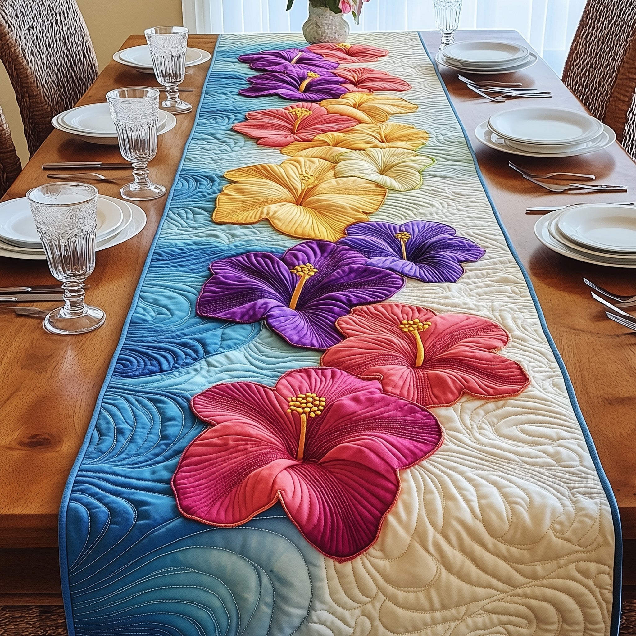 Tropical Hibiscus Heaven Quilted Table Runner Holiday Table Runner Decoration