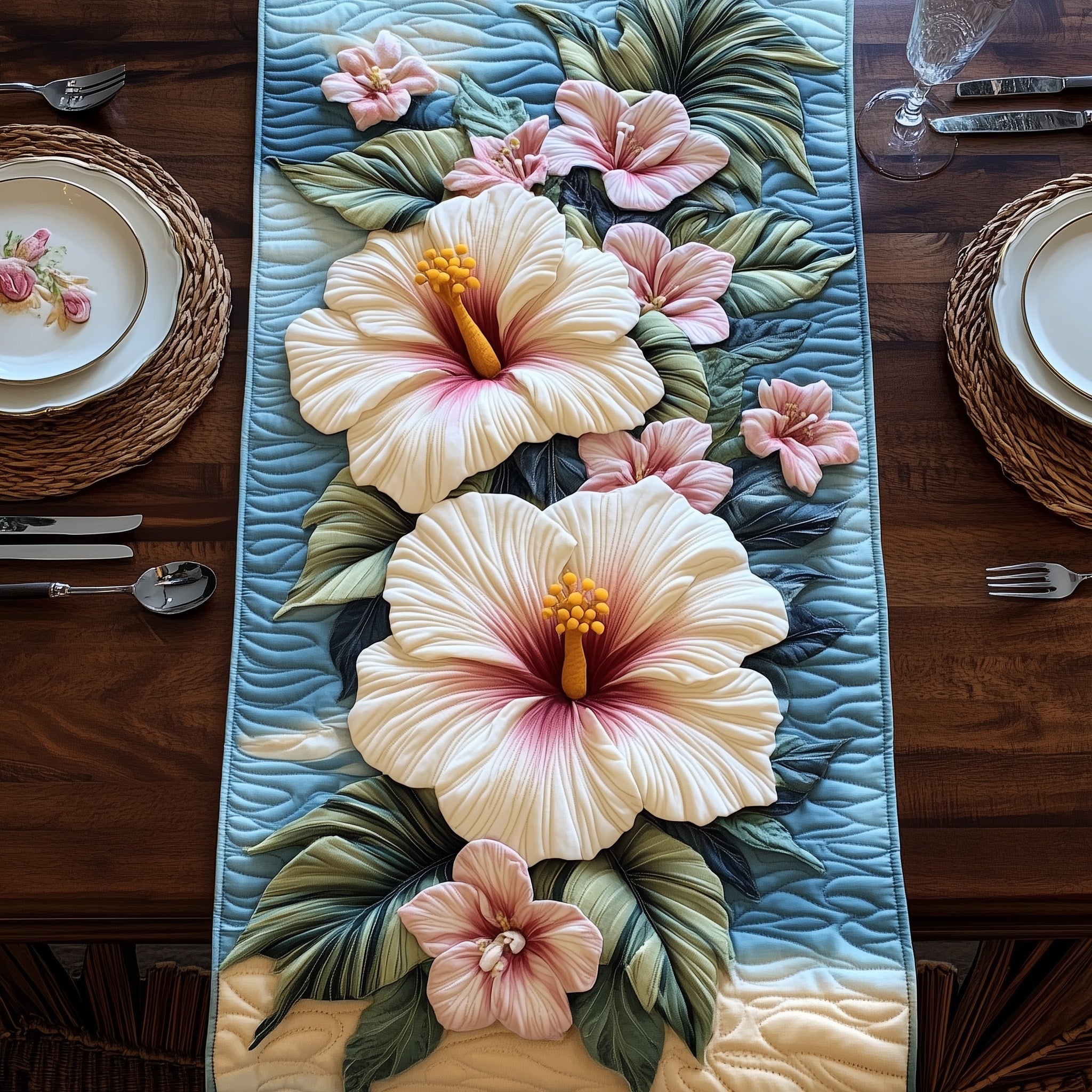 Tropical Hibiscus Island Quilted Table Runner Christmas Table Runner