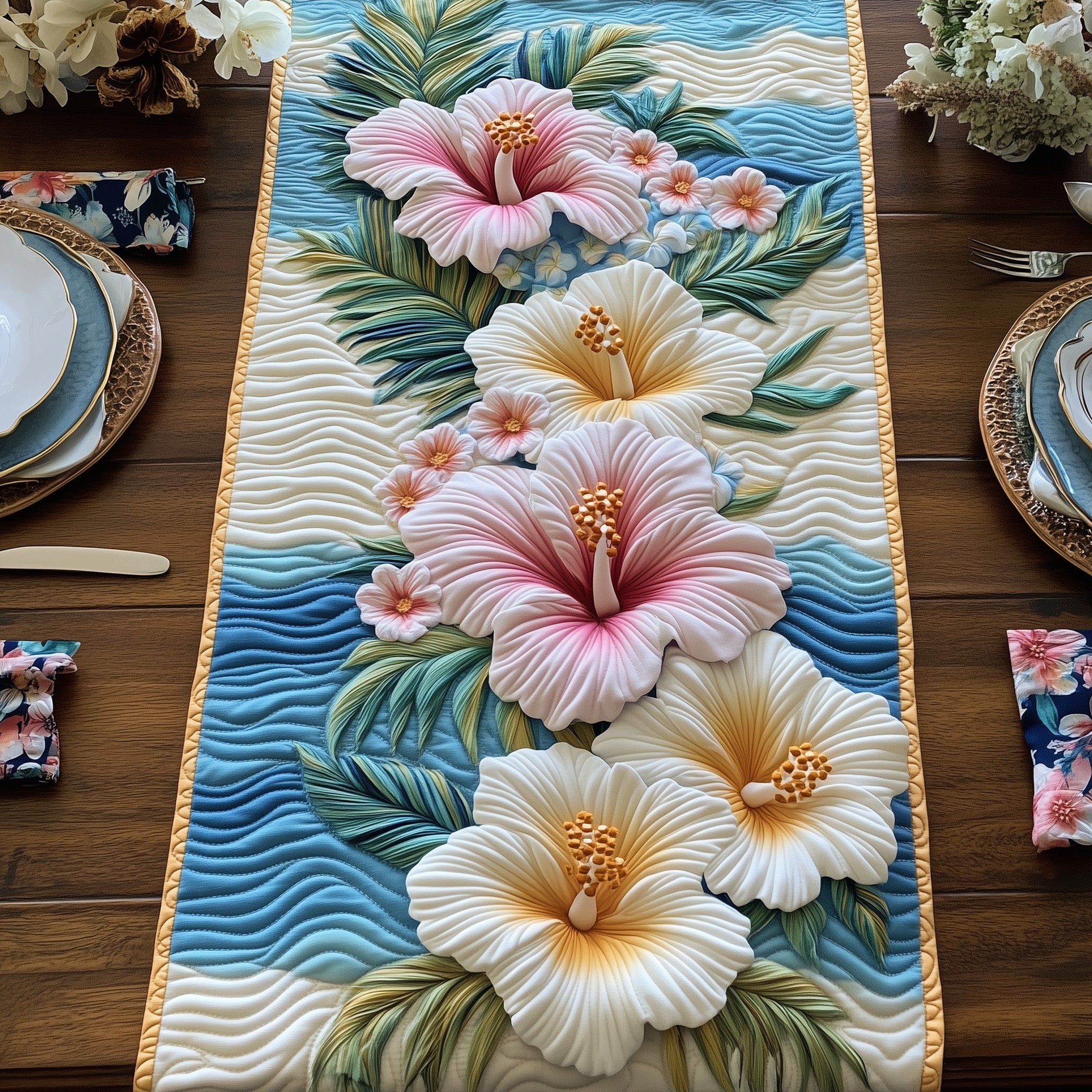 Tropical Hibiscus Island Quilted Table Runner Christmas Table Runner for Family Meals