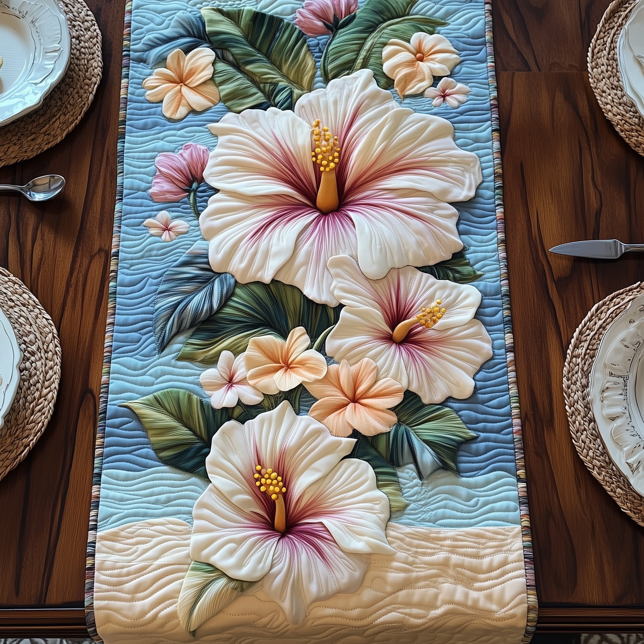Tropical Hibiscus Island Quilted Table Runner Christmas Table Runner Gift Idea