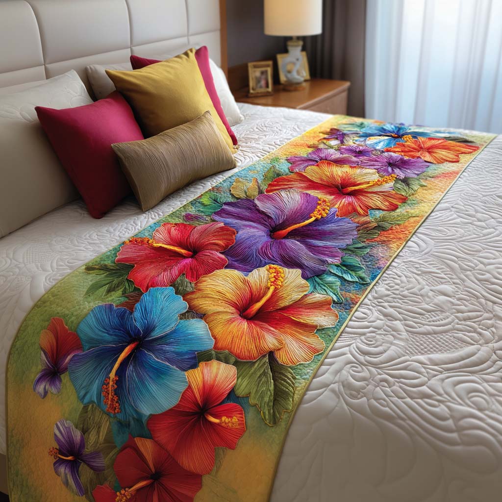 Tropical Hibiscus Quilted Bed Runner Cozy Bedroom Decor Christmas Flower Gifts