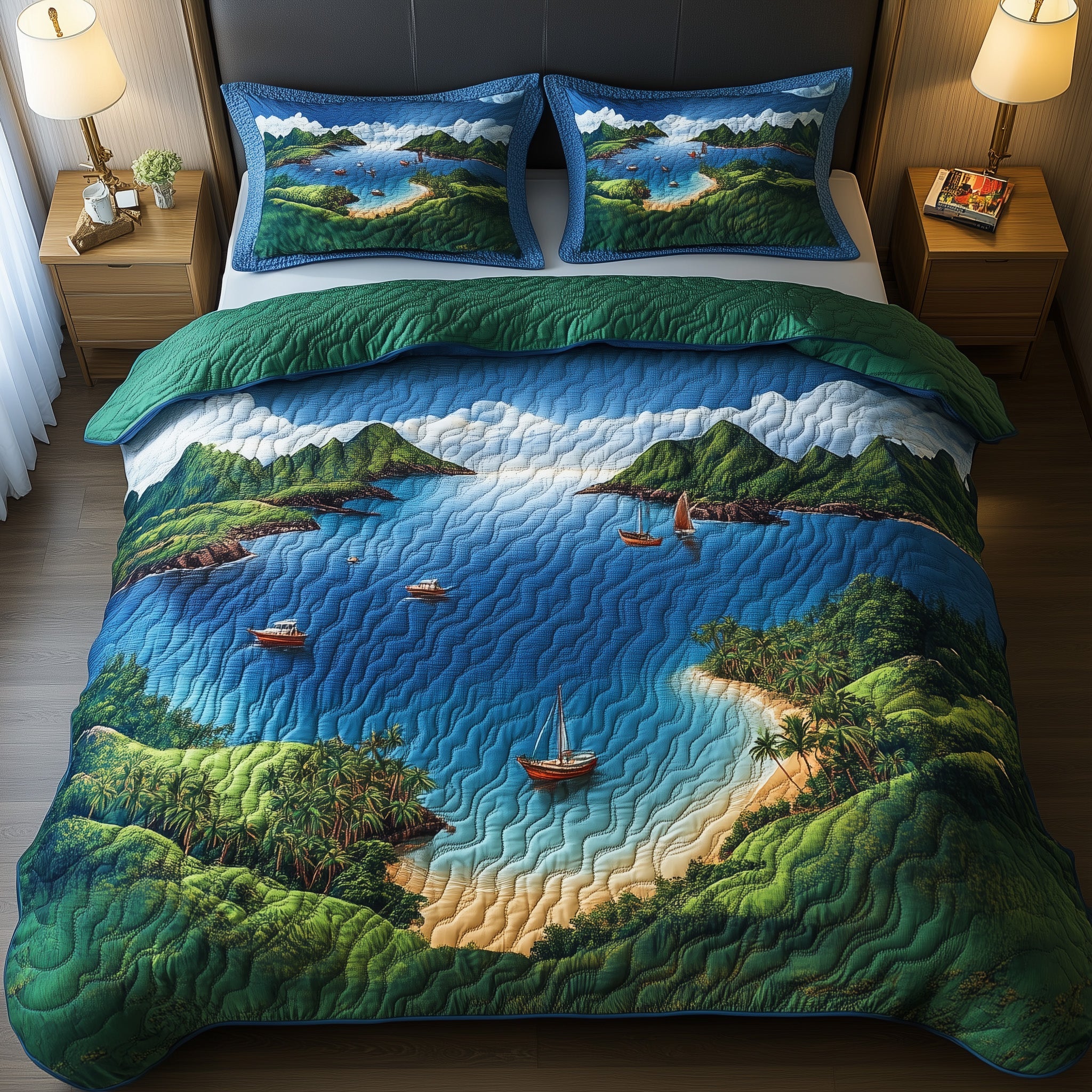 Tropical Island Quilted Bedding Set Duvet Cover Bedspread Christmas Presents For Beach Lovers