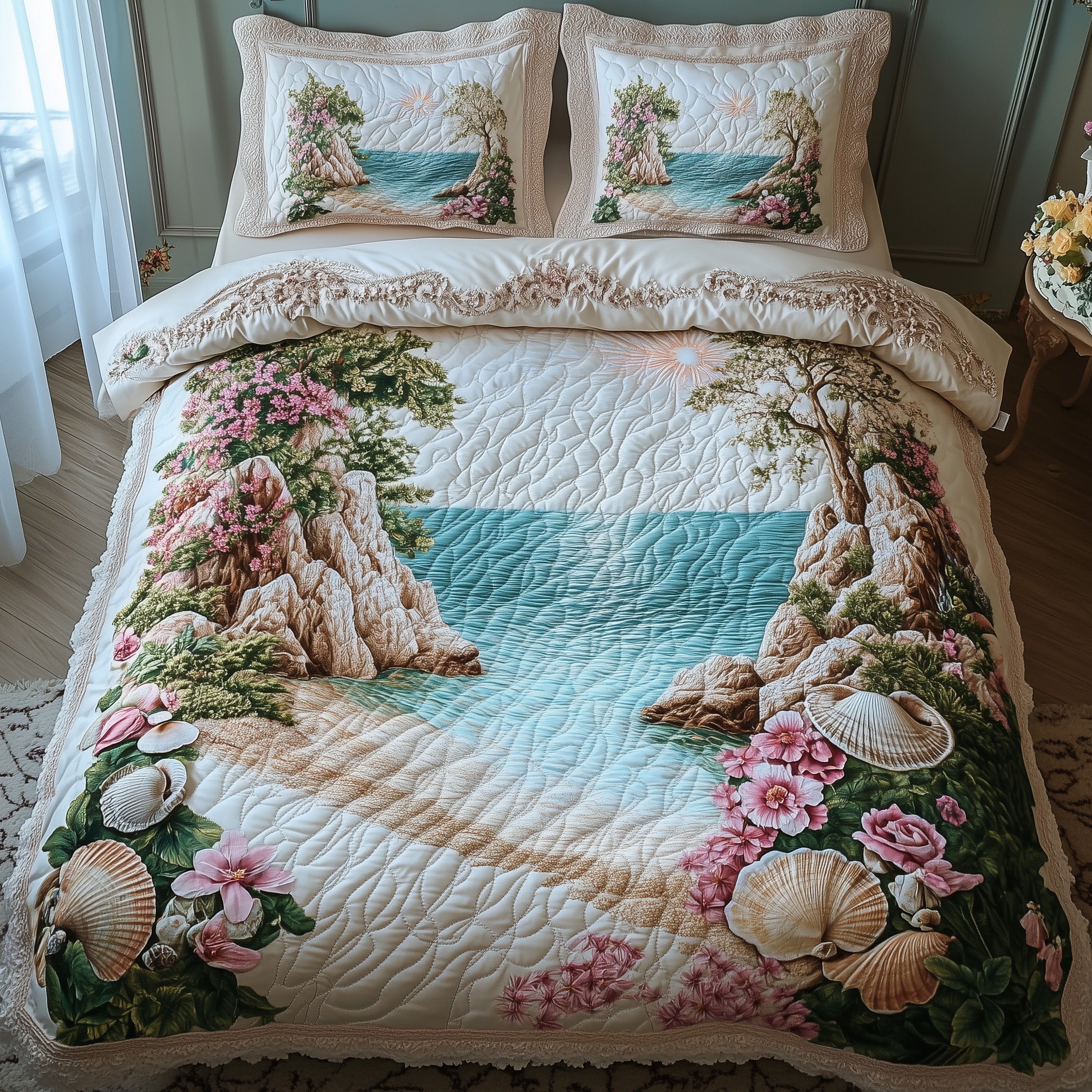 Tropical Island Quilted Bedding Set Geometrical Pattern