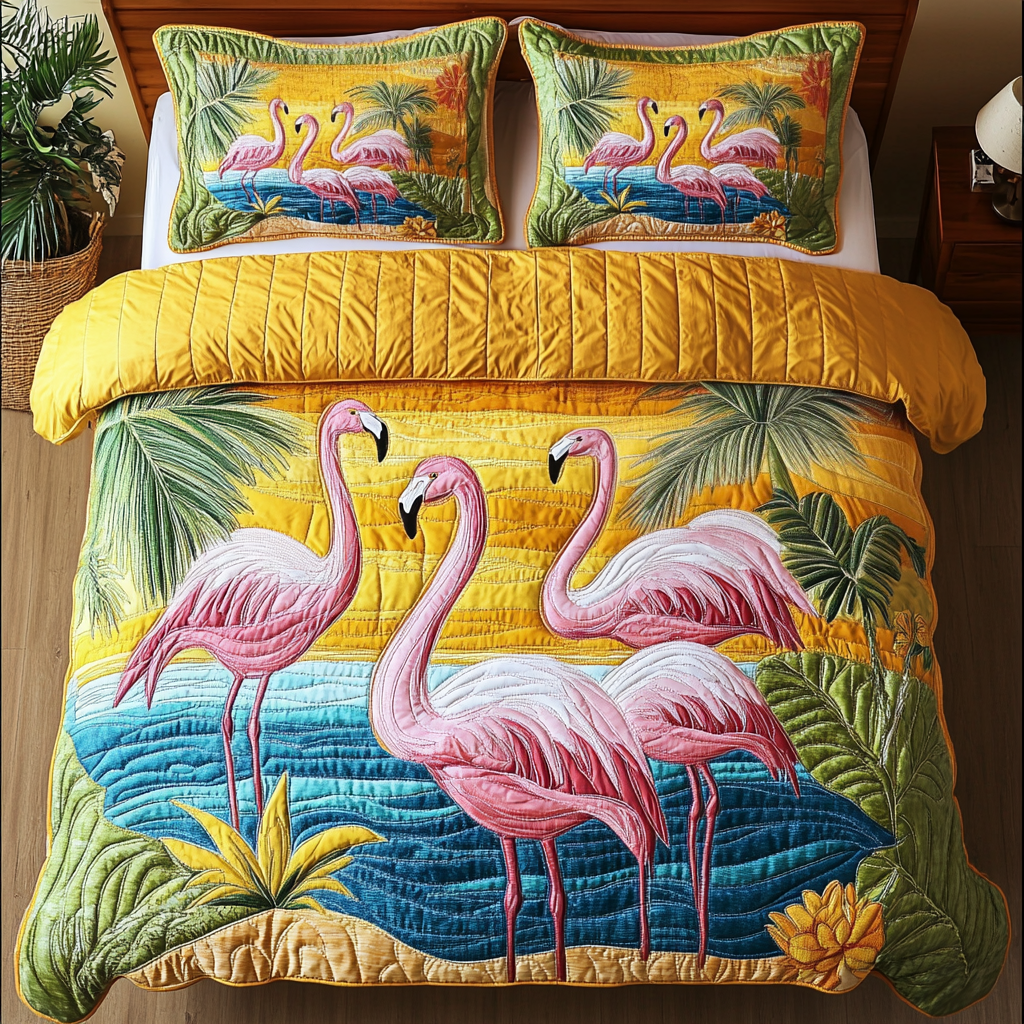 Tropical Kiss Quilted Bedding Set Cozy Bedroom Decor Flamingo Based Gifts