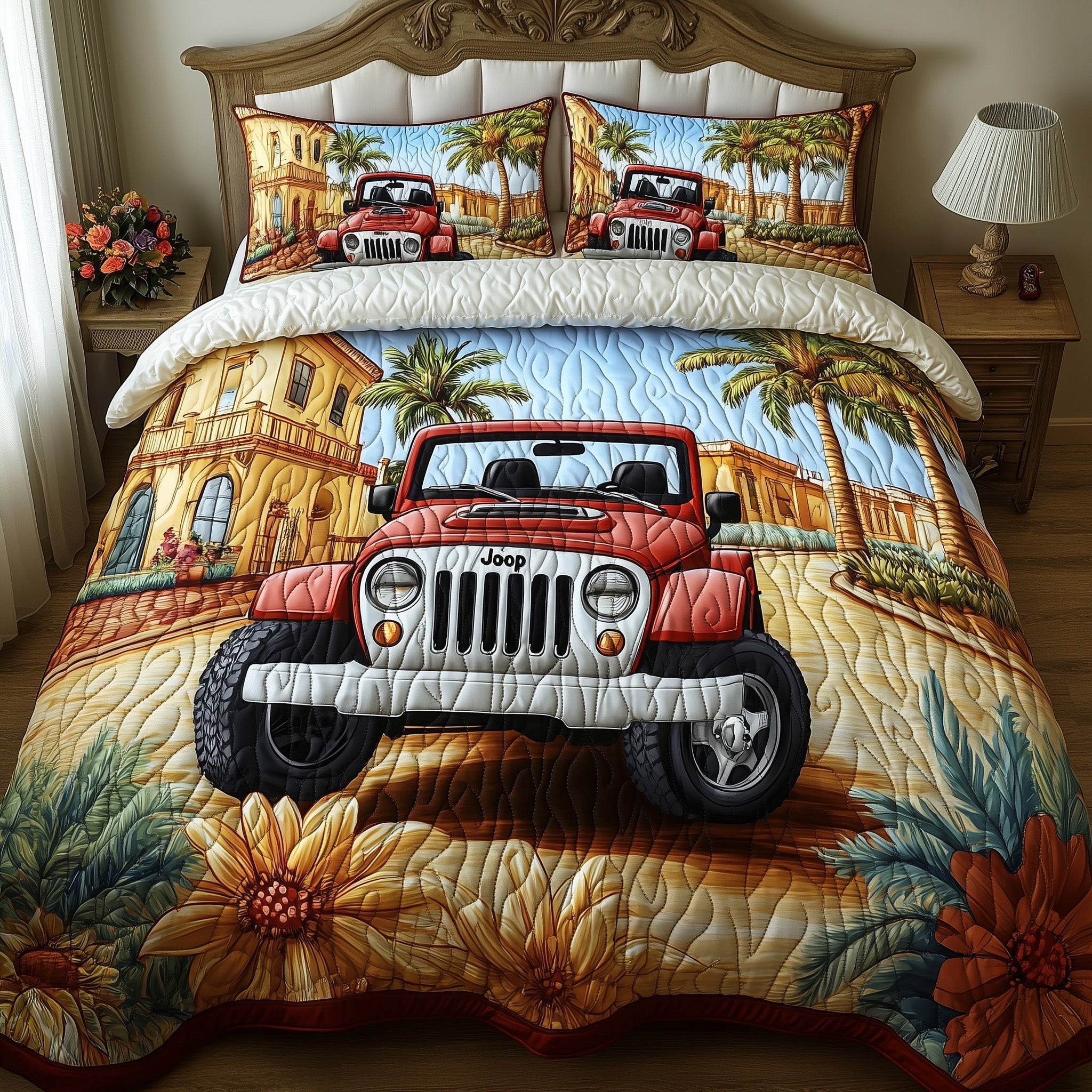 Tropical Offroad Adventure Quilted Bedding Set Duvet Cover Merchandise Christmas Jeep Themed Gifts