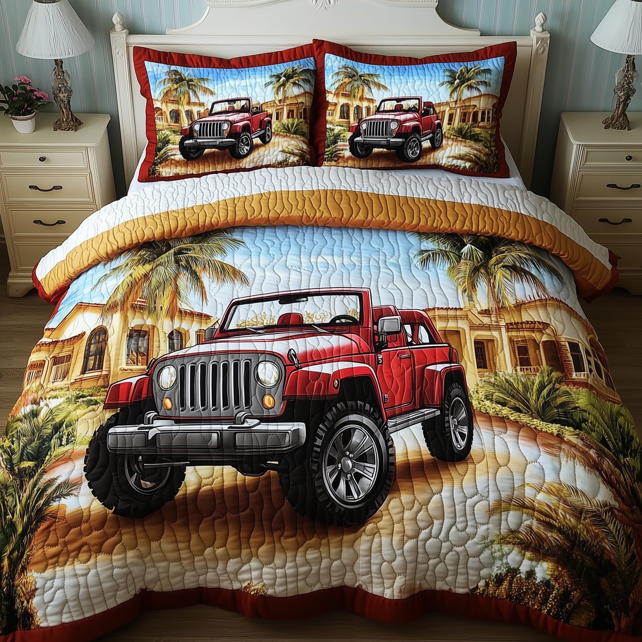 Tropical Offroad Adventure Quilted Bedding Set Duvet Cover Merchandise Jeep Gifts For Men