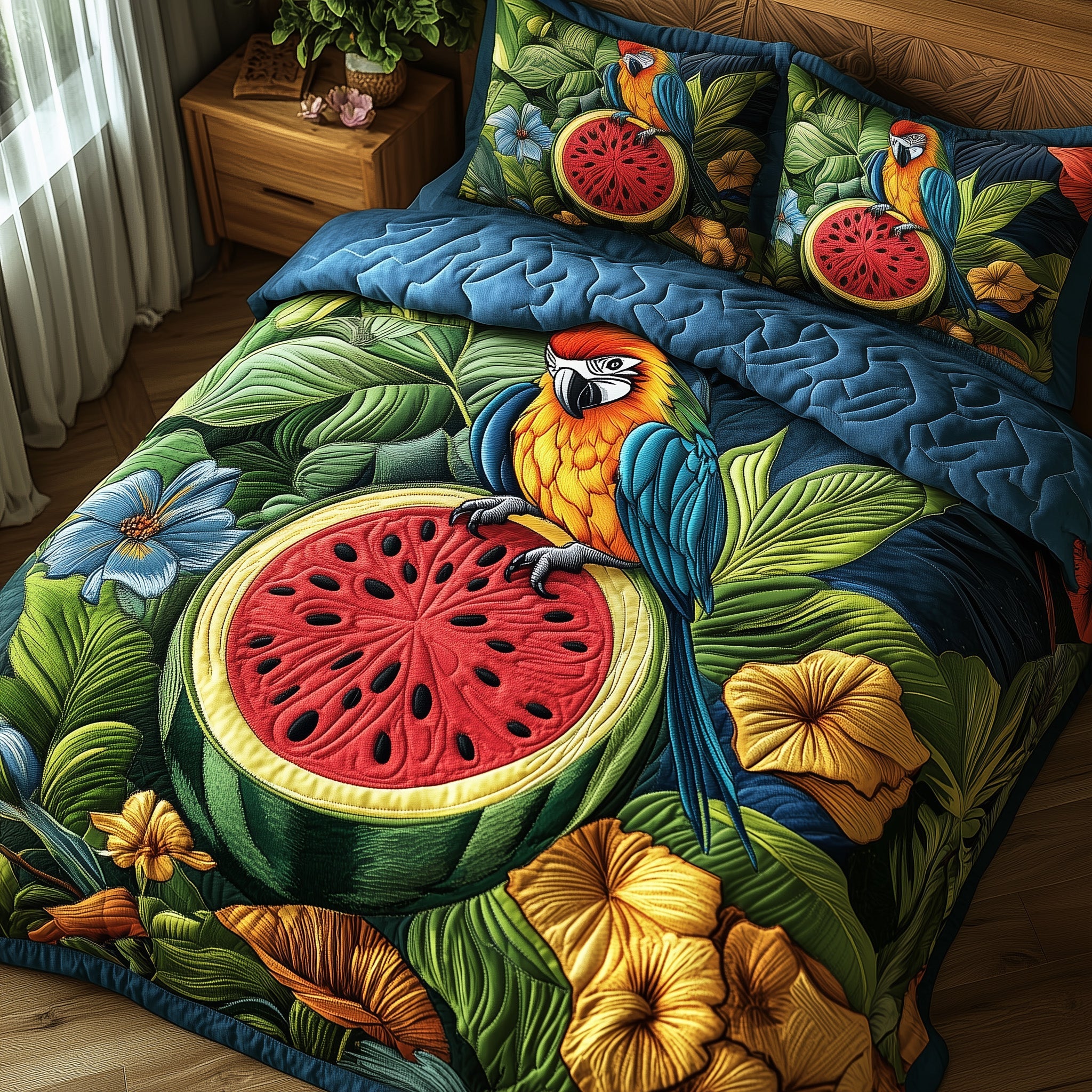 Tropical Parrot Quilted Bedding Set Duvet Cover Merchandise Gift For Parrot Lover Christmas
