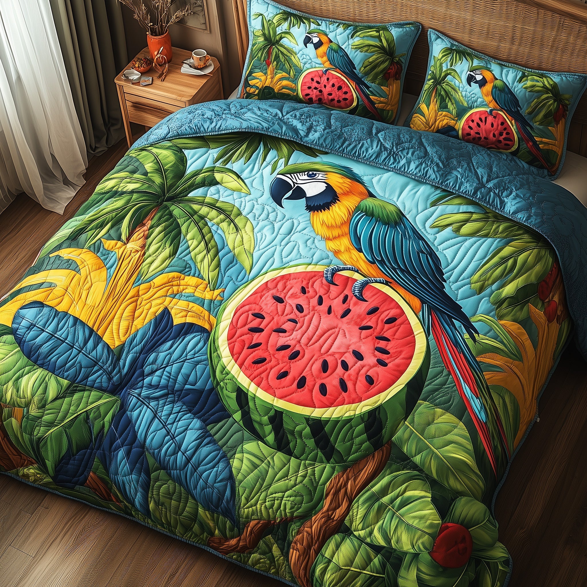 Tropical Parrot Quilted Bedding Set Duvet Cover Merchandise Gift Ideas For Parrot Lovers