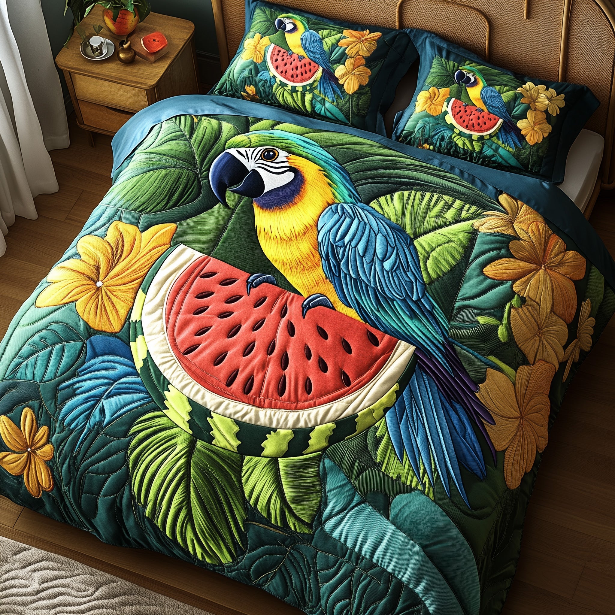 Tropical Parrot Quilted Bedding Set Duvet Cover Merchandise Gifts For Parrot Owners