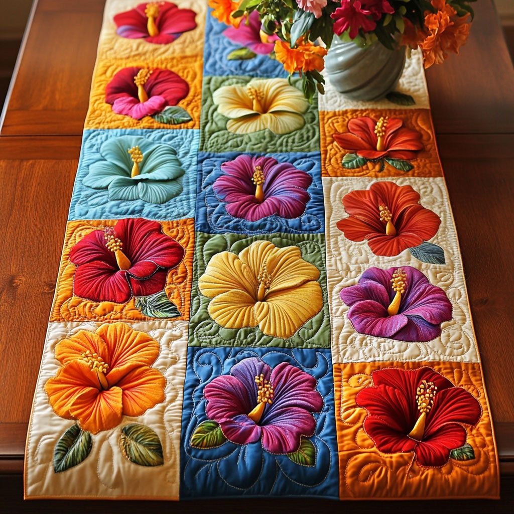 Tropical Patchwork Quilted Table Runner Flower Table Runner Family Present Ideas
