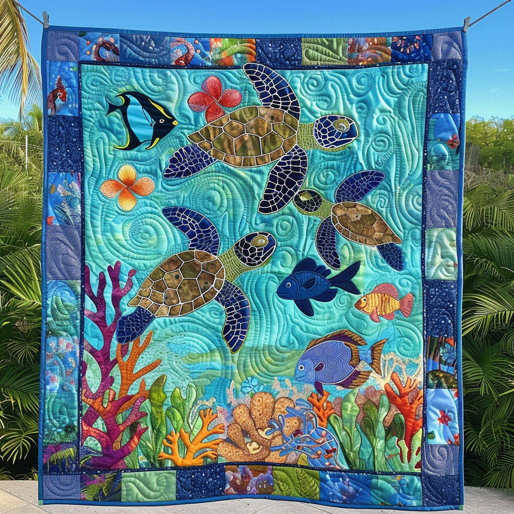 Tropical Reef Retreat Quilted Blanket Presents For Turtle Lovers