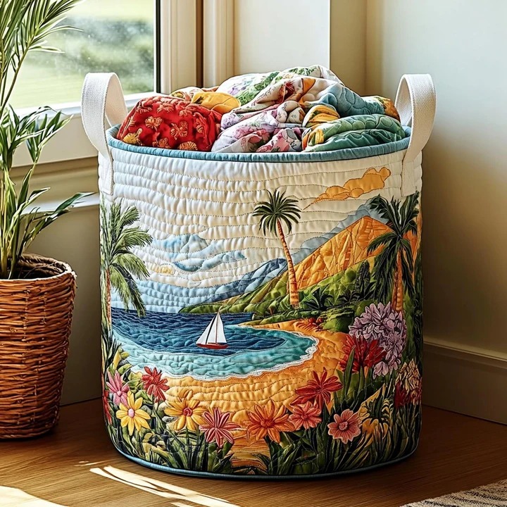 Tropical Sailboat Bay Quilted Laundry Basket Coastal Home Decor Best Gift For Beach And Ocean Lovers