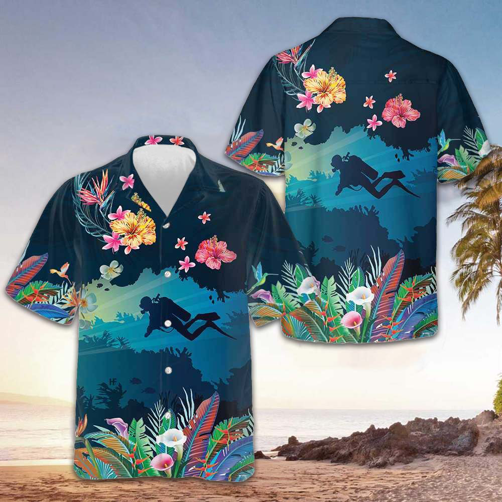 Tropical Scuba Diving Hawaiian Shirt Button Down Beach Shirts Gifts For Scuba Divers